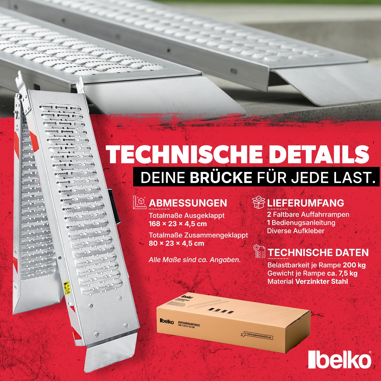 Belko® 2 rampe di carico pieghevoli, portata 400 kg, 168 x 23 cm, pieghevoli, in acciaio zincato, antiscivolo, perforate, per auto, moto, quad, ATV, rimorchio, rampa di carico
