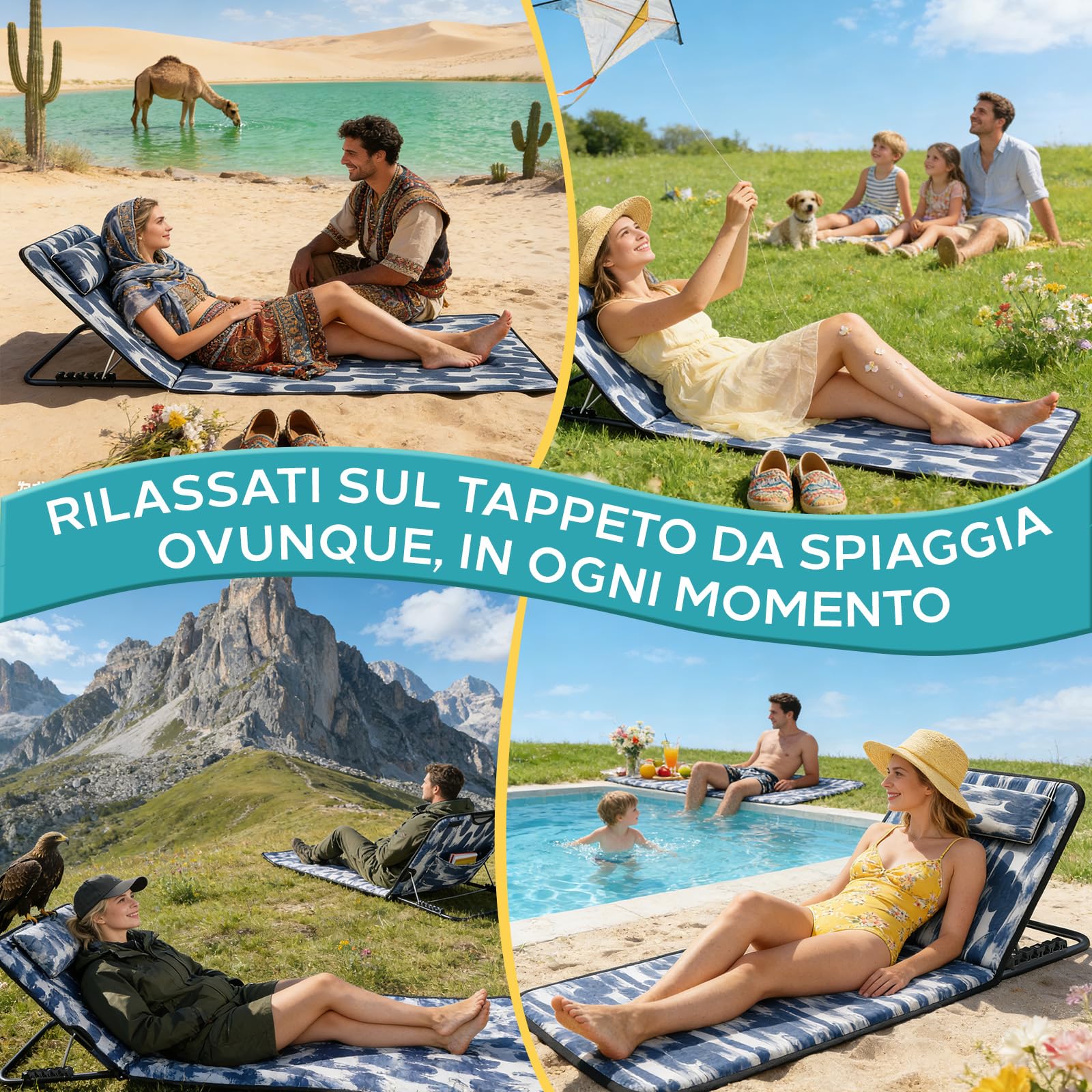 Tappetino da Spiaggia Pieghevole, Lettino da Spiaggia Pieghevole con Poggiatesta, Schienale Reclinabile e Tasca Portaoggetti, Portata 150 kg per Spiaggia Viaggi Giardino Campeggio (Blu)