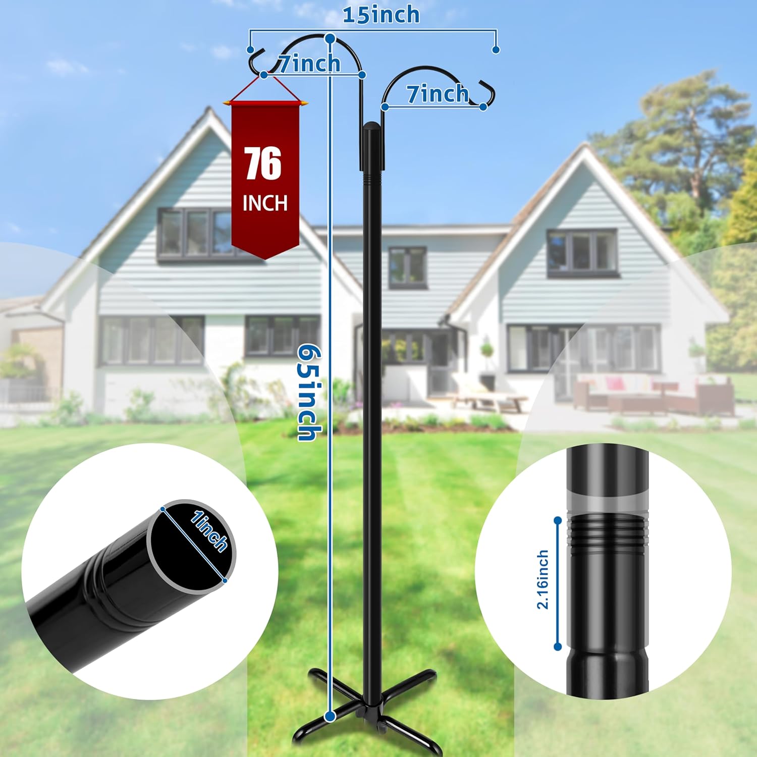 Ottsuls Bird Feeder Pole, 2 Pack 76 INCH Double Shepherds Hooks for Outdoor, Garden Pole with 5 Base Prongs Heavy Duty Planter Hooks for Hanging Plant Baskets, Lantern, Hummingbird Feeder