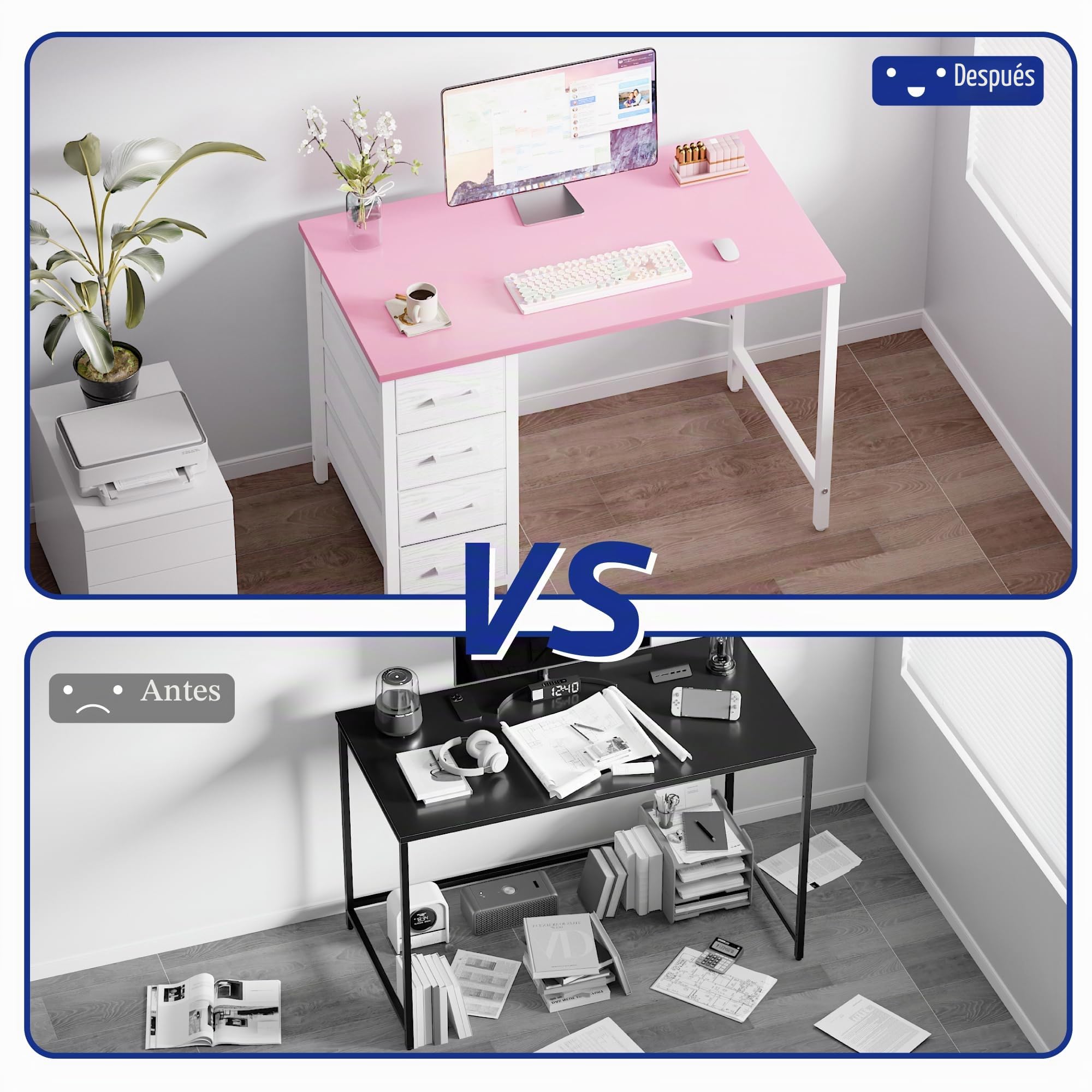 PAMRAY Escritorio para PC de 80 cm con 4 cajones, Pequeño Escritorio para el hogar, Dormitorio, Estudio, Escritorio para PC Sencillo y Moderno, Rosa