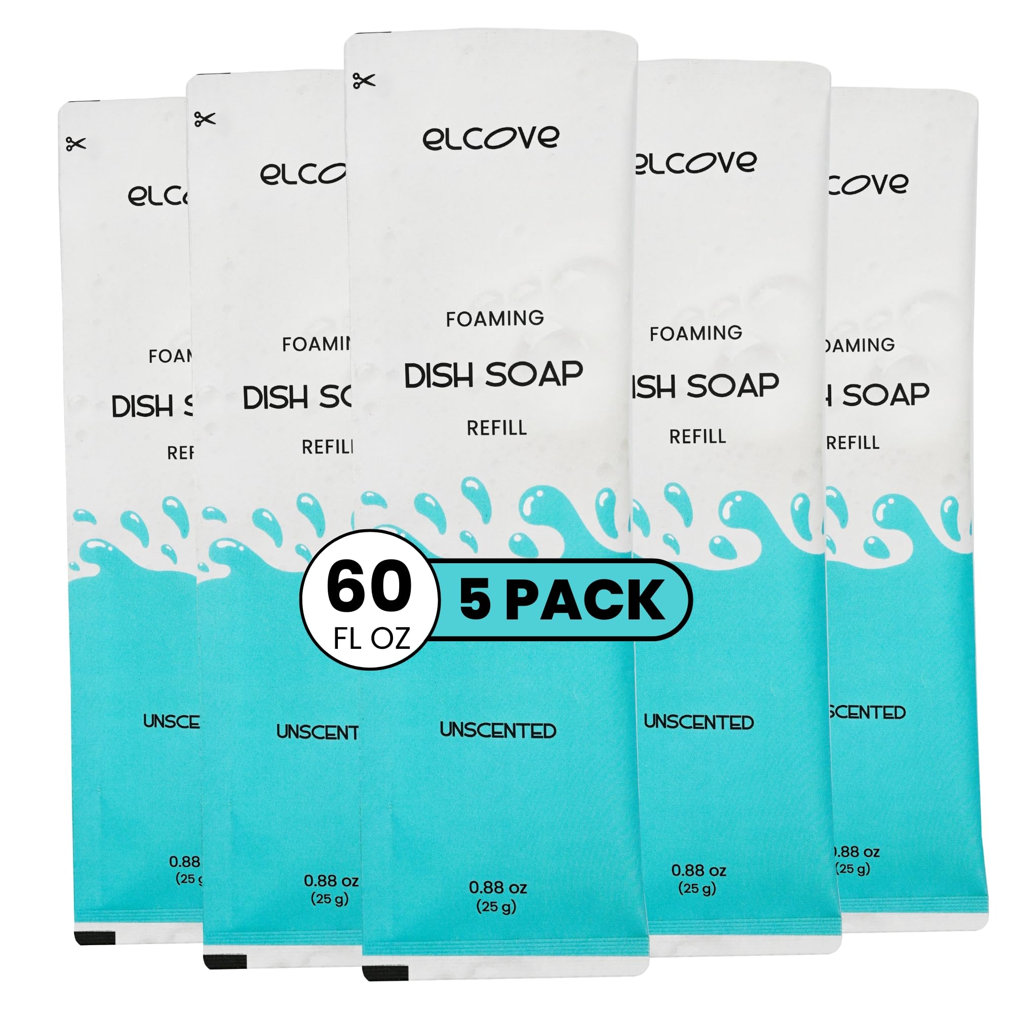 Elcove Foaming Dish Soap Refills (5pk), Concentrated Powder Refills Make 5 Bottles x 12oz each of Non Toxic Eco Friendly Unscented Dish Soap, Zero