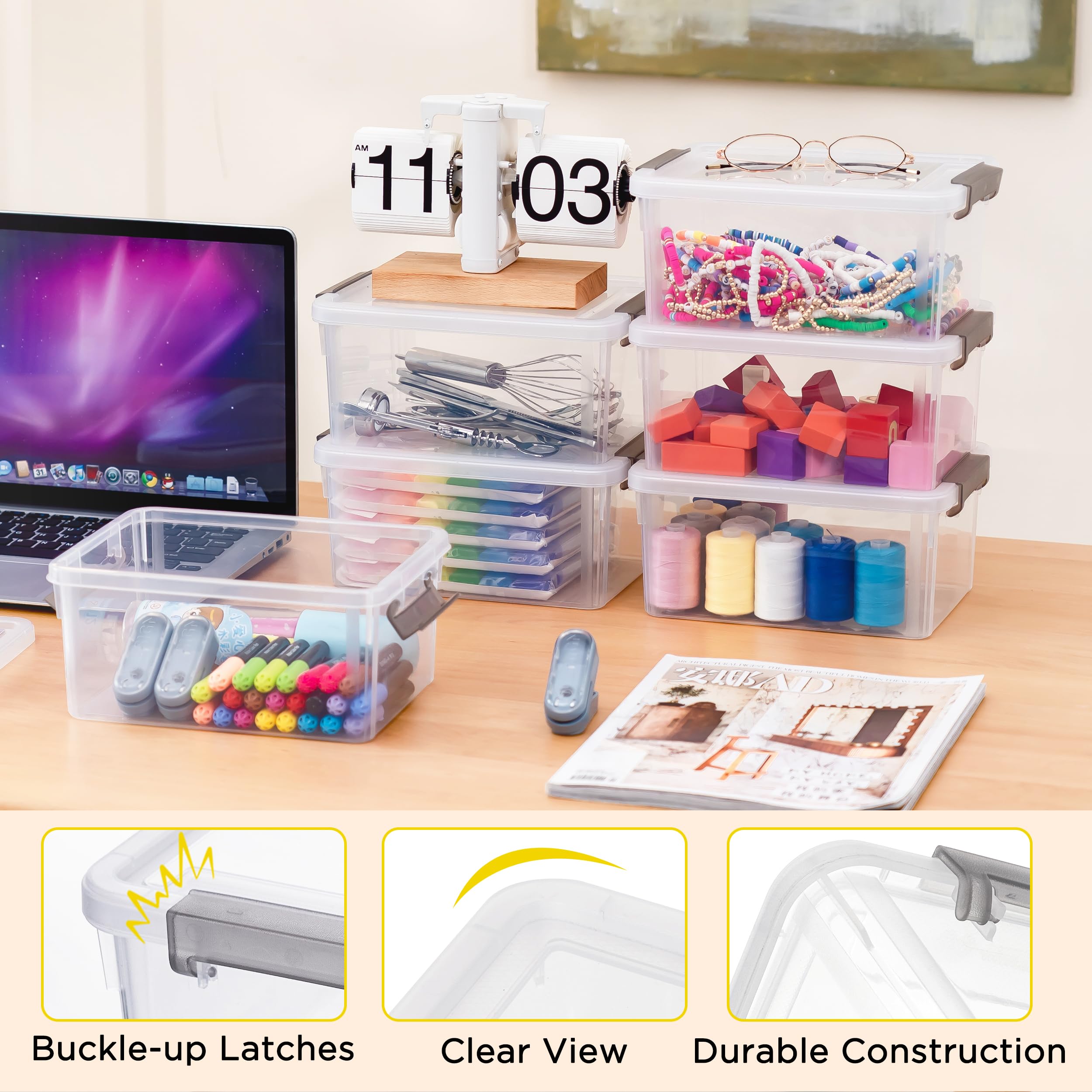 Pack de 6 cajas de almacenamiento pequeñas con tapa de plástico para organizar cajas de almacenamiento apilables 23 x 17 x 10,5 cm