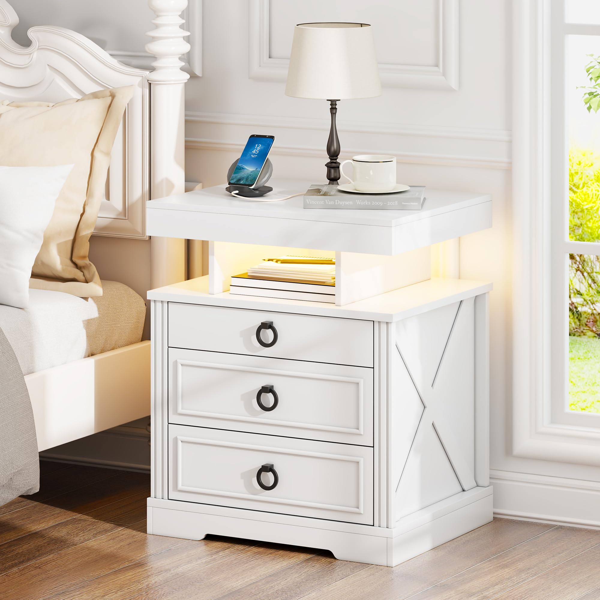 Gurexl LED Bedside Table with Gun Drawer, Charging Bedside Table with USB & Type-C Port, Human Sensor Light, Open Compartment and 2 Drawers Rustic Wood Sofa Side End Table(White)