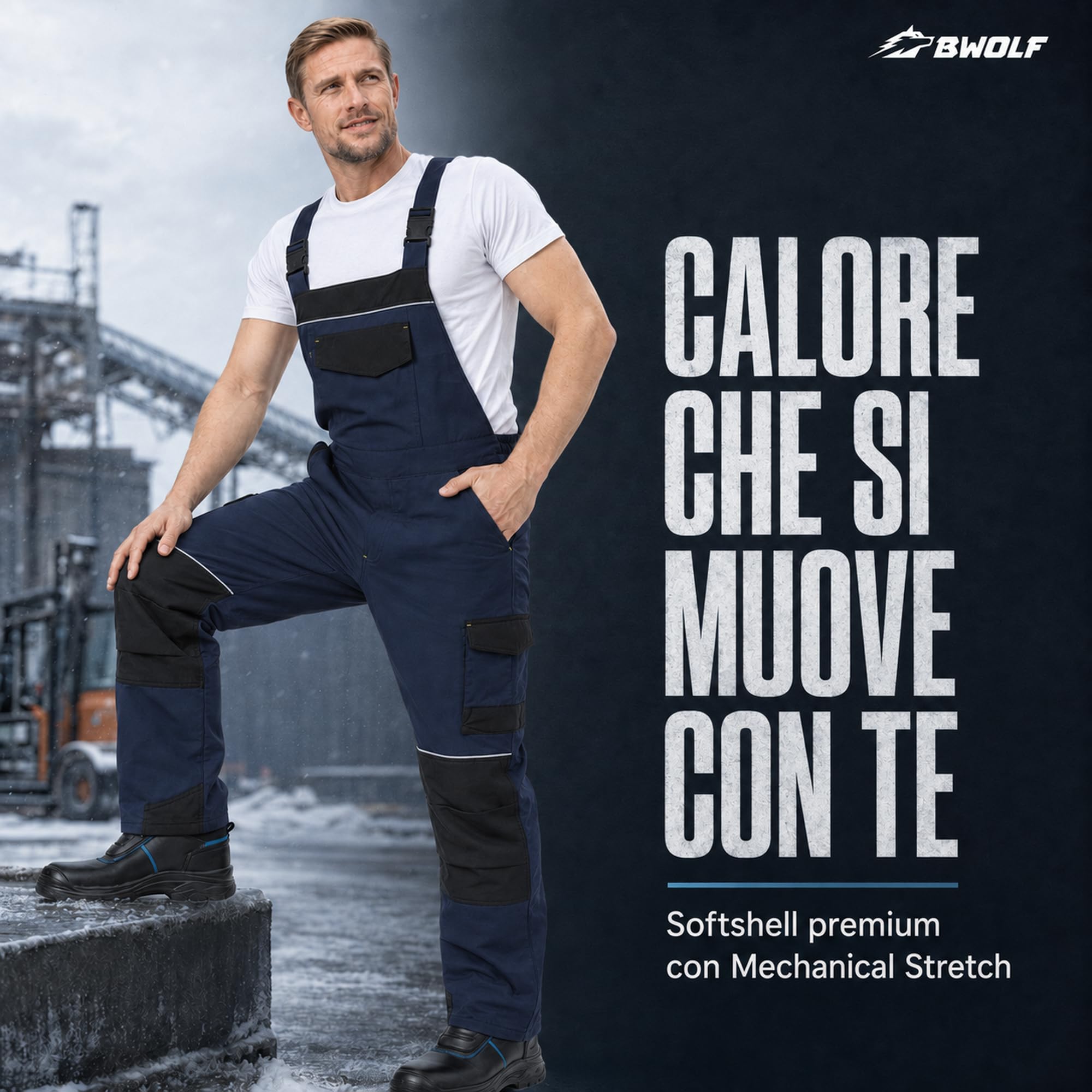 BWOLF DAYTONA ICE Salopette da uomo invernale – Softshell con elastico meccanico, antivento, resistente al freddo e robusto con elementi riflettenti