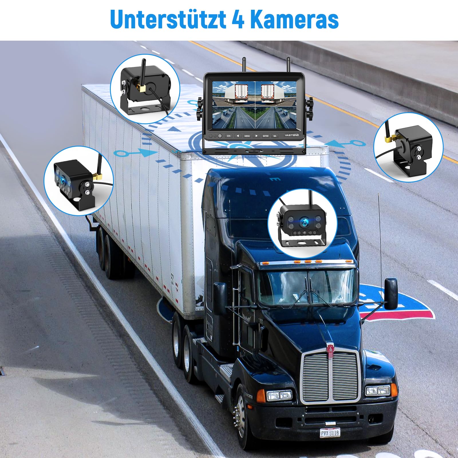 Rückfahrkamera Kabellos, 7 Zoll Monitor Drahtlose Rückfahrkamer, 1080P Rückfahrkamera Funk mit IP69 Wasserdichter, Stabiles Signal, für Wohnwagen, LKW, Auto, Wohnmobil(VE-7A)