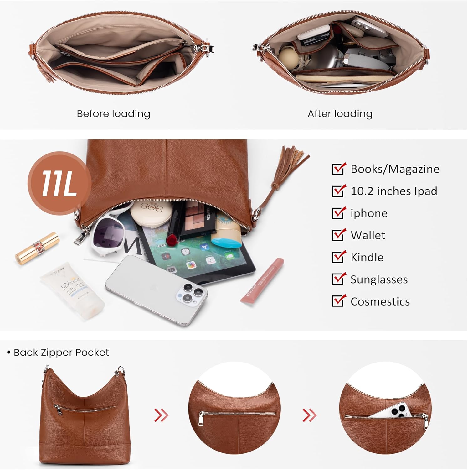 Genuine Leather Hobo Crossbody Bag for Women, Soft Real Leather Bucket, Shoulder Handbag Purse with 2 Removable Strap - Image 4