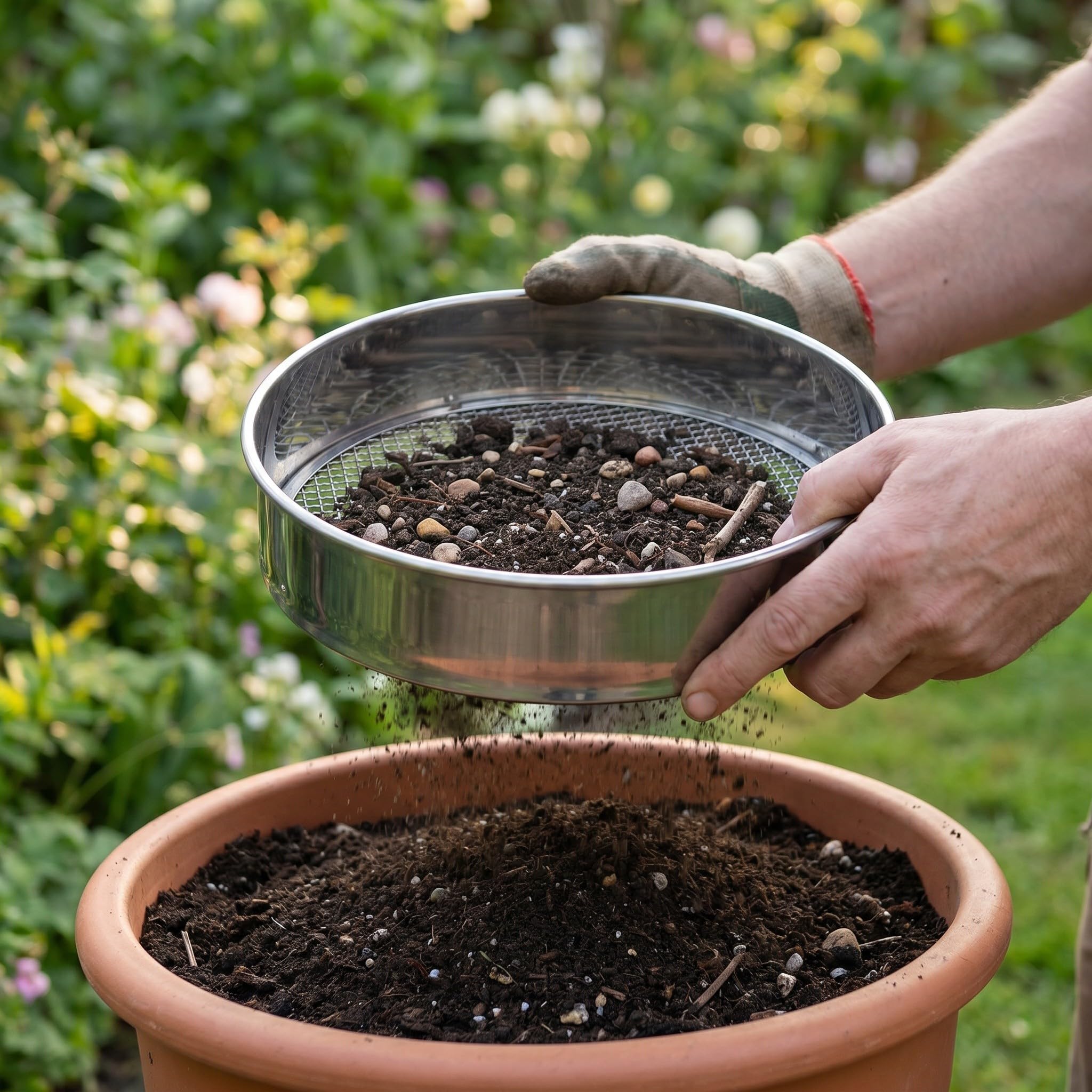 Lurrose 1 Set Setaccio per terriccio da giardino, setaccio da giardino in acciaio inox con rete di ricambio da 3, 6, 9, 12 mm per setacciare terriccio, sabbia, ghiaia e terra.