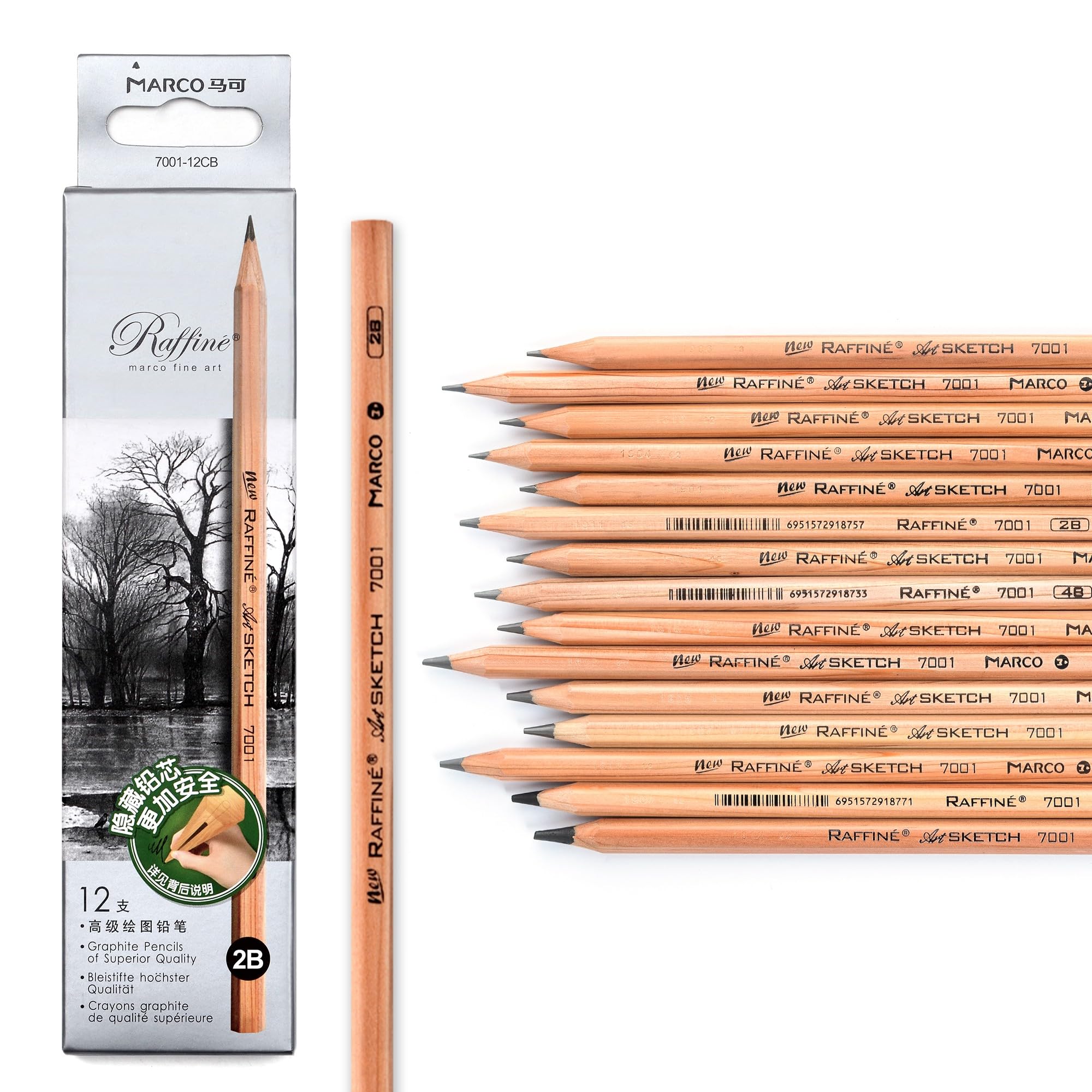 Marco 7001 Wooden Pencils, Drawing Empits, Professional Sketching Wooden Pencil, Hex Shaft (7001-2B, 12) 12 7001 (raw wood)-2B