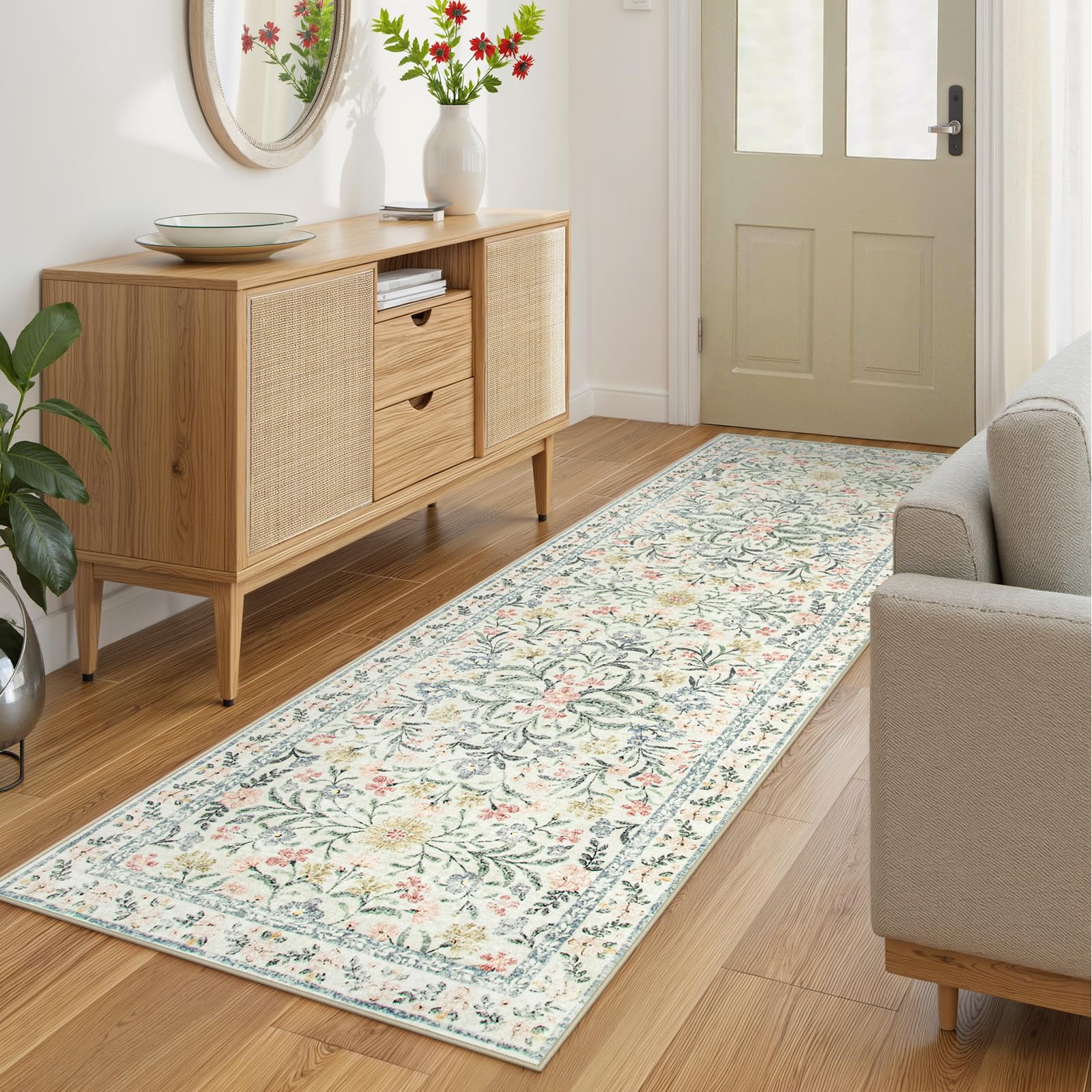 Wonnitar Boho Floral Washable Runner