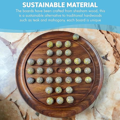 Miniatura 6 de Juego de mesa de solitario de madera de 11.8 in de diámetro con canicas de vidrio spinosaurus dorado con motas | | juego clásico de solitario de