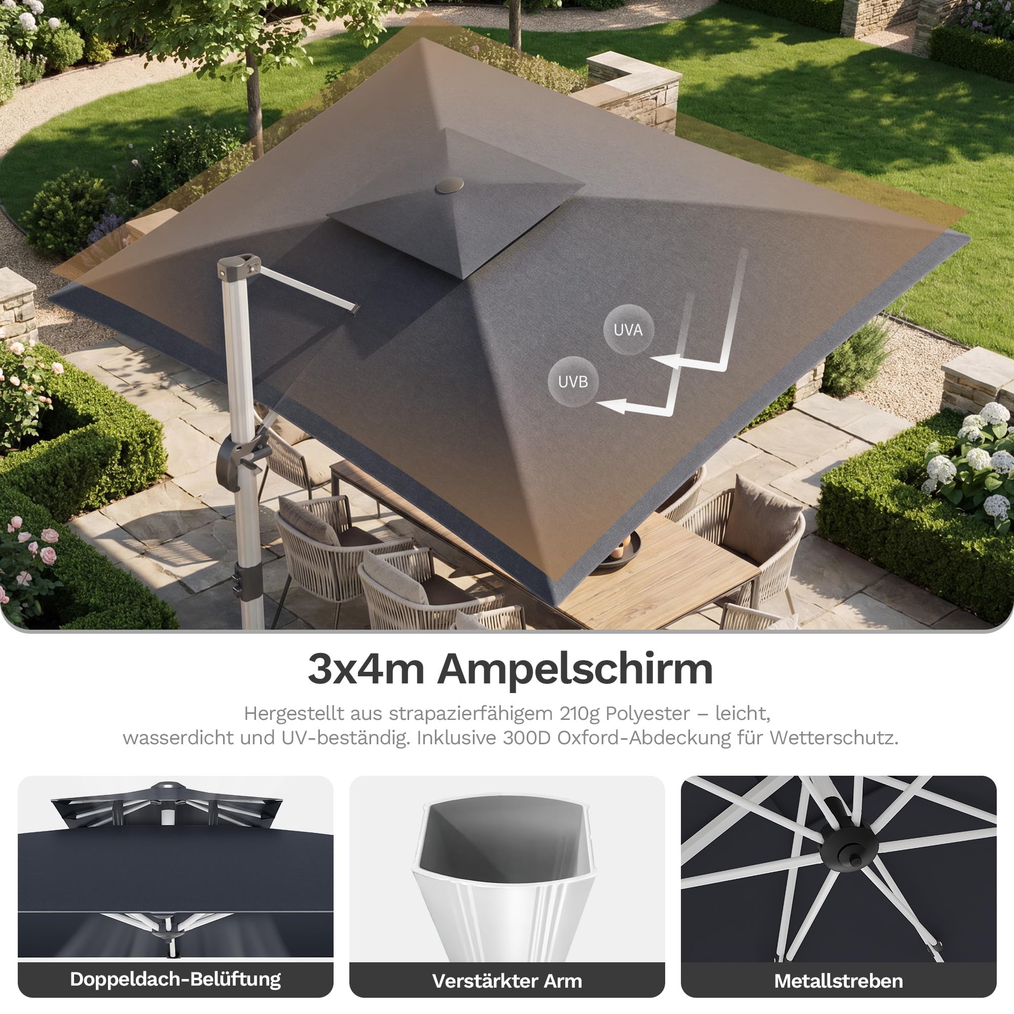 JUMMICO Sonnenschirm Ampelschirm 300x400 cm, Doppeldach, Grau | Großer Sonnenschutz UV50+