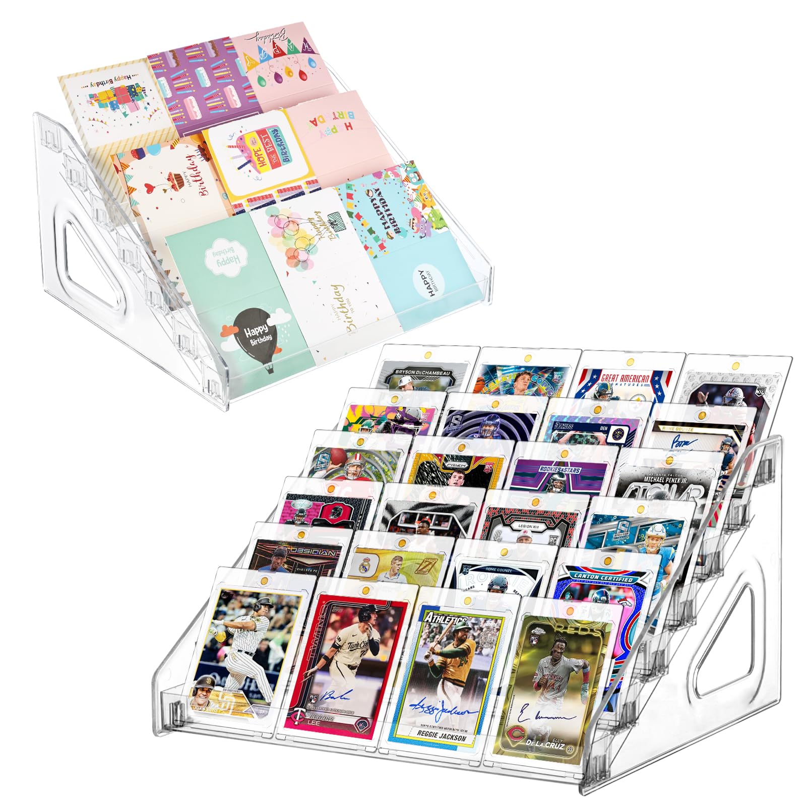 Paquete de 2 soportes de exhibición de tarjetas de acrílico de 7 niveles, pantalla versátil de 12 pulgadas para tarjetas de intercambio, soporte de exhibición de tarjetas de felicitación, soporte