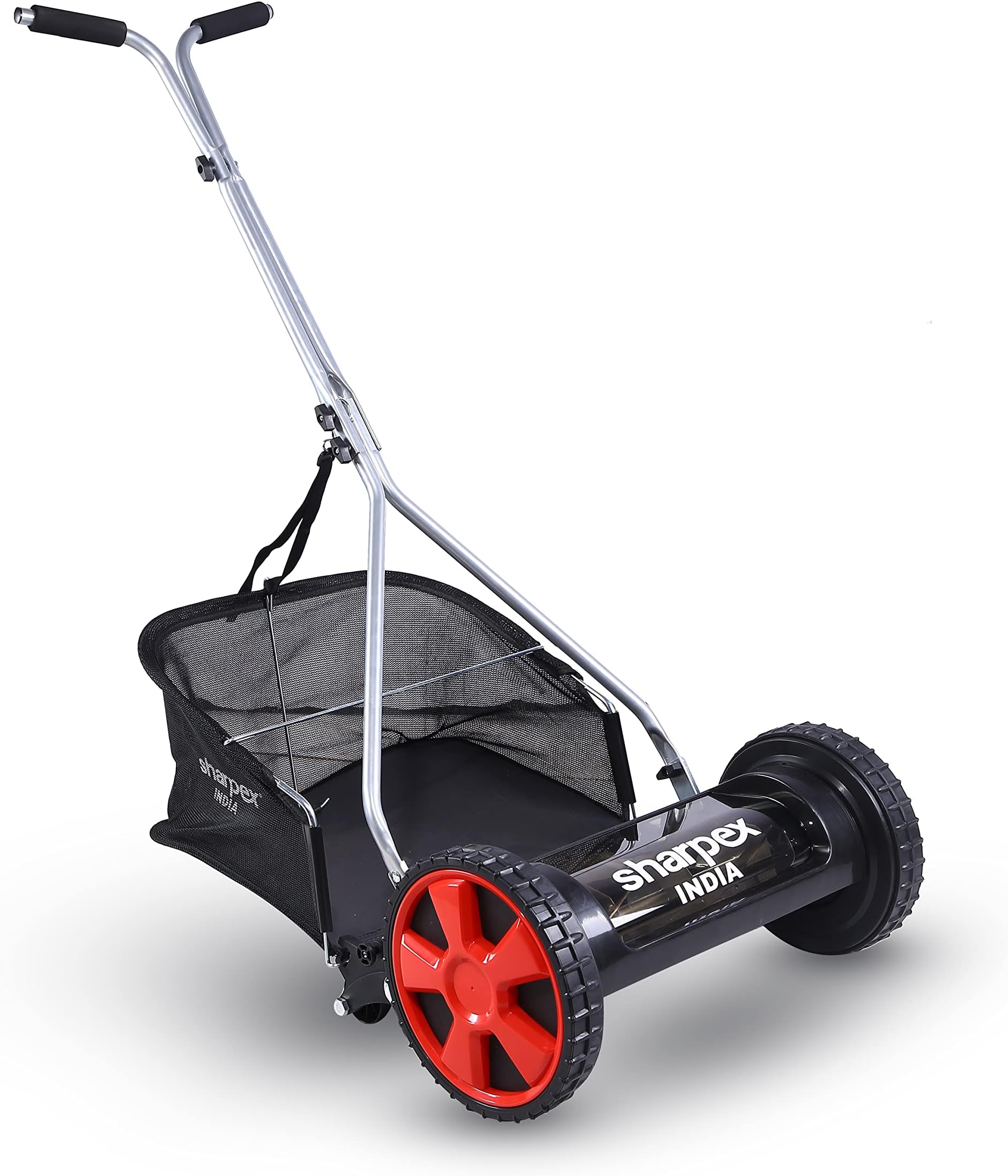 - Sharpex 16" Manual Push Lawn Mower, 27L Grass Catcher, 4-Position Cutting Height 20–47 mm | Up to 400 Sq.Ft | Made in India | Not for Carpet Lawn | for Home and Garden | Black/Red