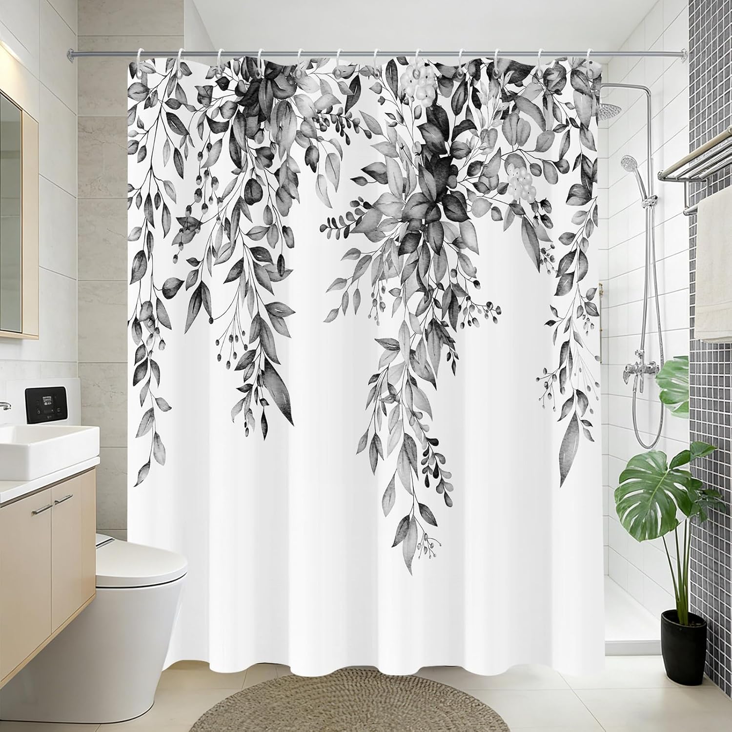 Long Shower Curtain Black and White Eucalyptus Shower Curtains for Bathroom Watercolor Grey Leaves Plants Floral Bathroom Bathtub Curtains Black Leaf Plants Shower Curtain Sets 72x78 in with Hooks