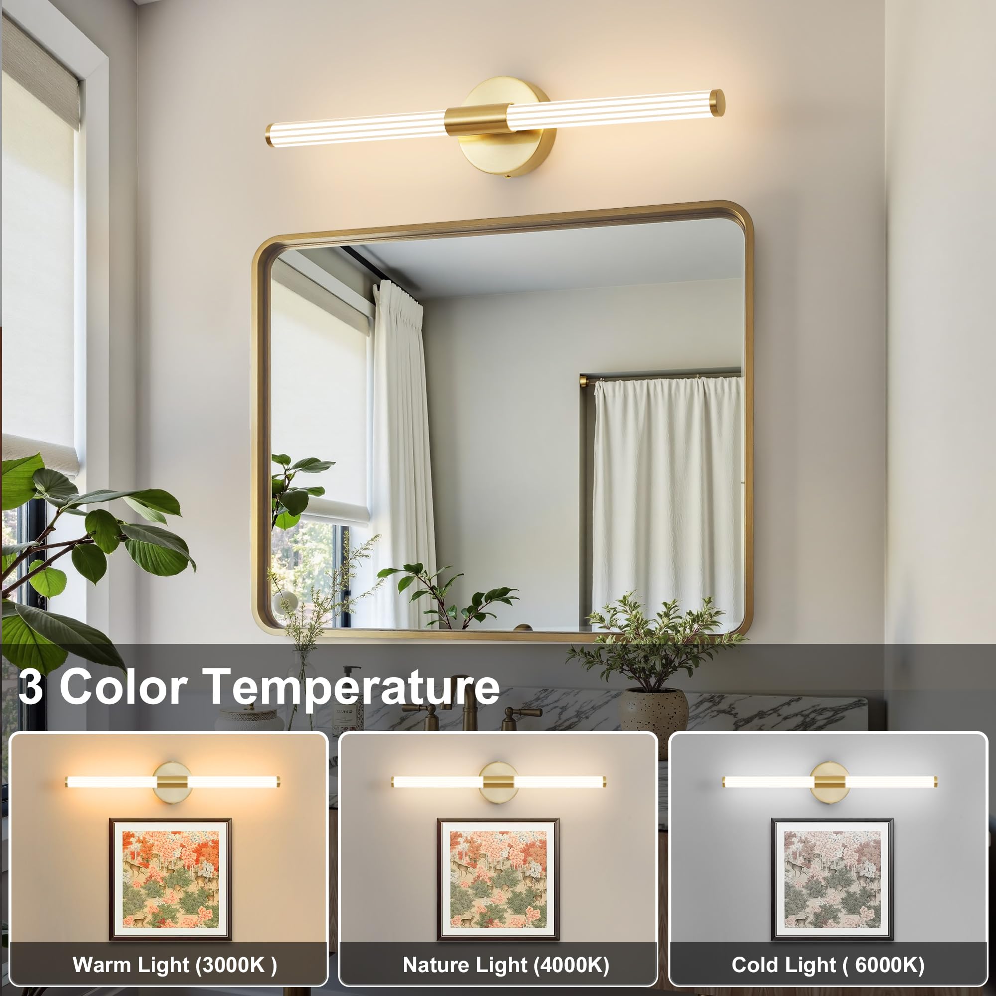 Actask Wall Lights Gold LED Wall Sconce Light 360° Full Lighting 57CM 3CCT 8W 800Lumen Wall Lamp for Bathroom Bedroom Living Room Dining Room - Image 2