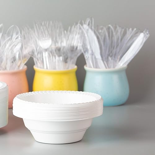 Miniatura 2 de PLASTICPRO Cuencos redondos de plástico de 12 onzas para microondas, desechables, color blanco, vajilla de 100 unidades