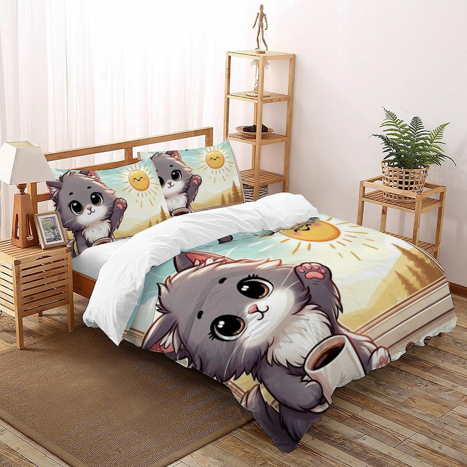 Parure de lit chat manga 260x220 cm avec housse de couette et taies d'oreiller