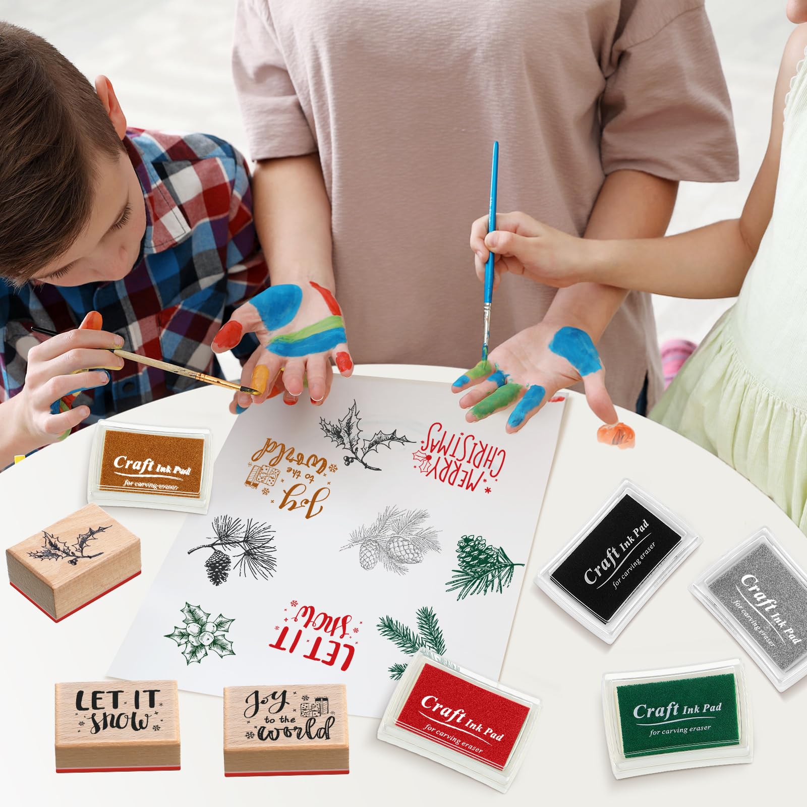 Watersay Juego de 14 sellos de goma de Navidad y almohadillas de tinta para manualidades, 9 sellos de goma de Navidad de madera, 5 almohadillas de tinta para manualidades, tarjetas de bricolaje y