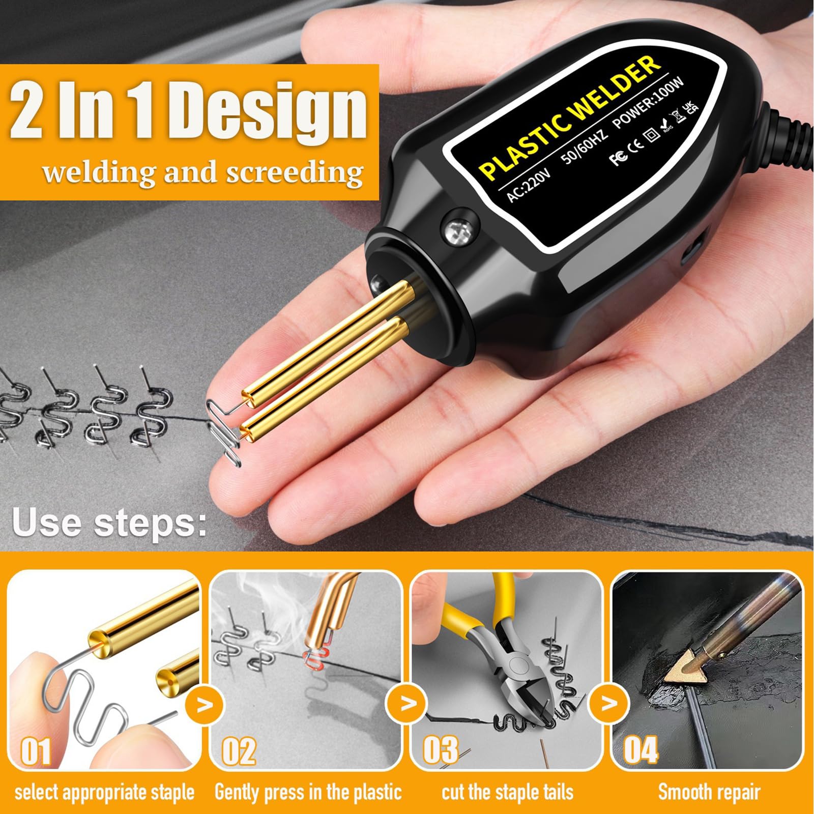 Kit de Réparation Pare-Chocs de Voiture, 16.5 * 12.5 * 6cm Poste à Souder en Plastique, Soudage Plastique Machine, Réparation de Pistolet Soudeur avec 200 Clous de Soudure 4 Types pour Pare-Chocs