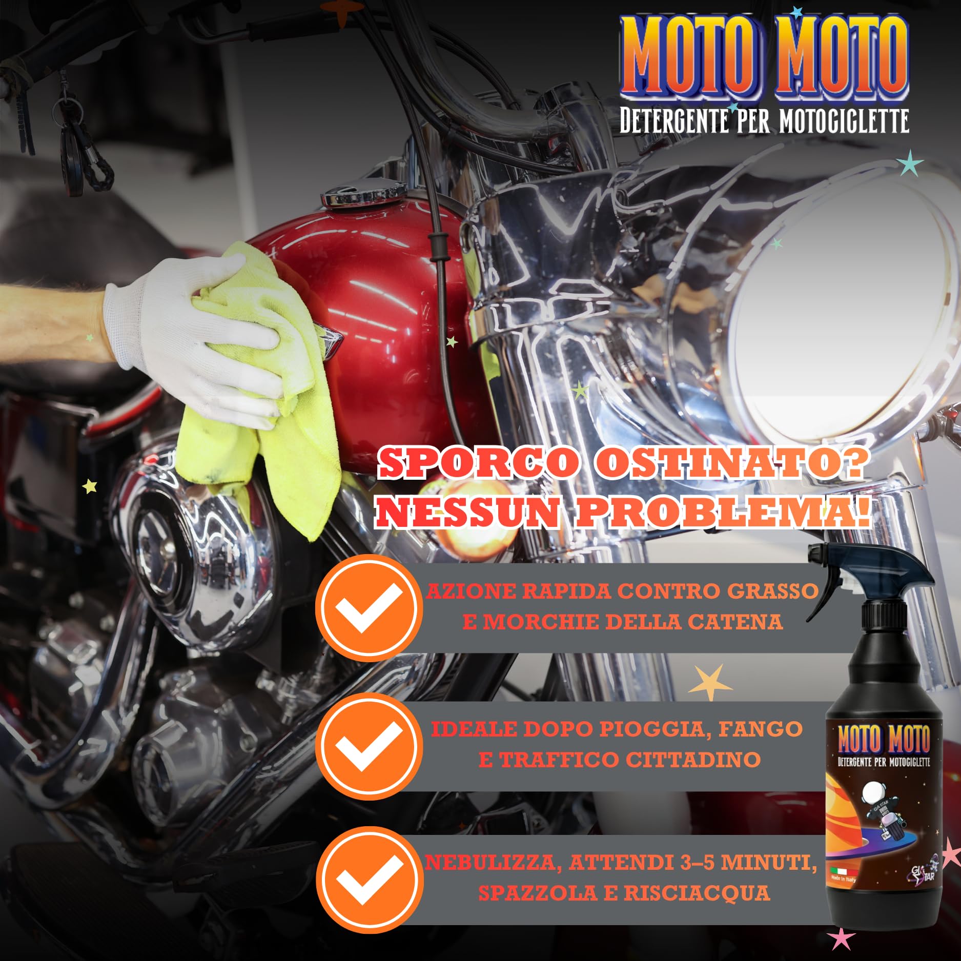 Detergente Pulizia Motocicletta - MOTO-MOTO | Sgrassatore Spray per Trasmissione, Carene e Cerchi | Pulitore Catena