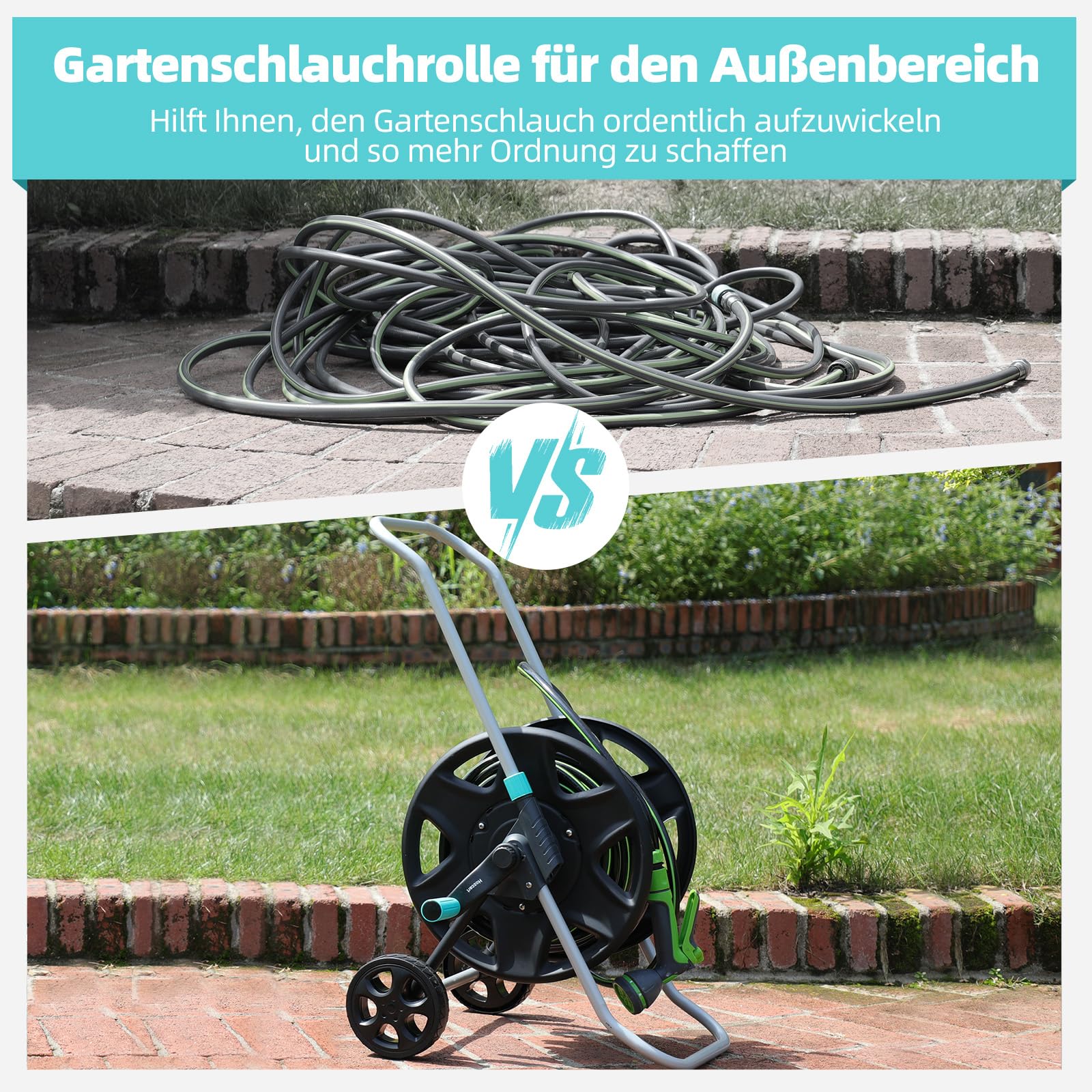 Schlauchwagen, Metall Schwerlastschlauchwagen mit Rädern, tragbarer Schlauchwagen für 30–60 m Schlauch, Schlauchaufroller für Außenbereich,Gärten oder Rasenflächen,Hinterhöfe