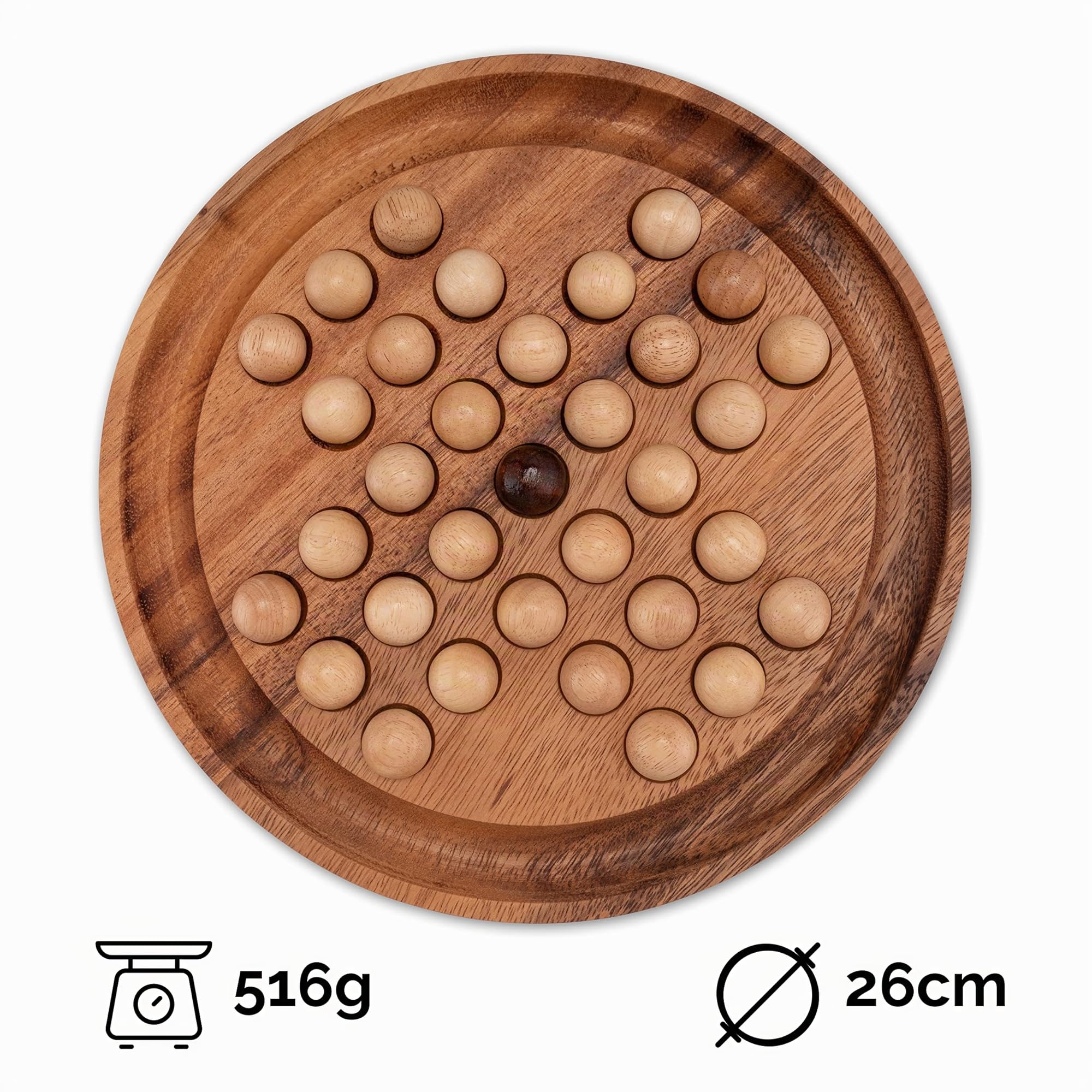 LOGOPLAY Solitaire - Taille XL - Rond avec boules - Diamètre : 26 cm - Solitaire - Jeu de réflexion - patience - Jeu de logique en bois de graines