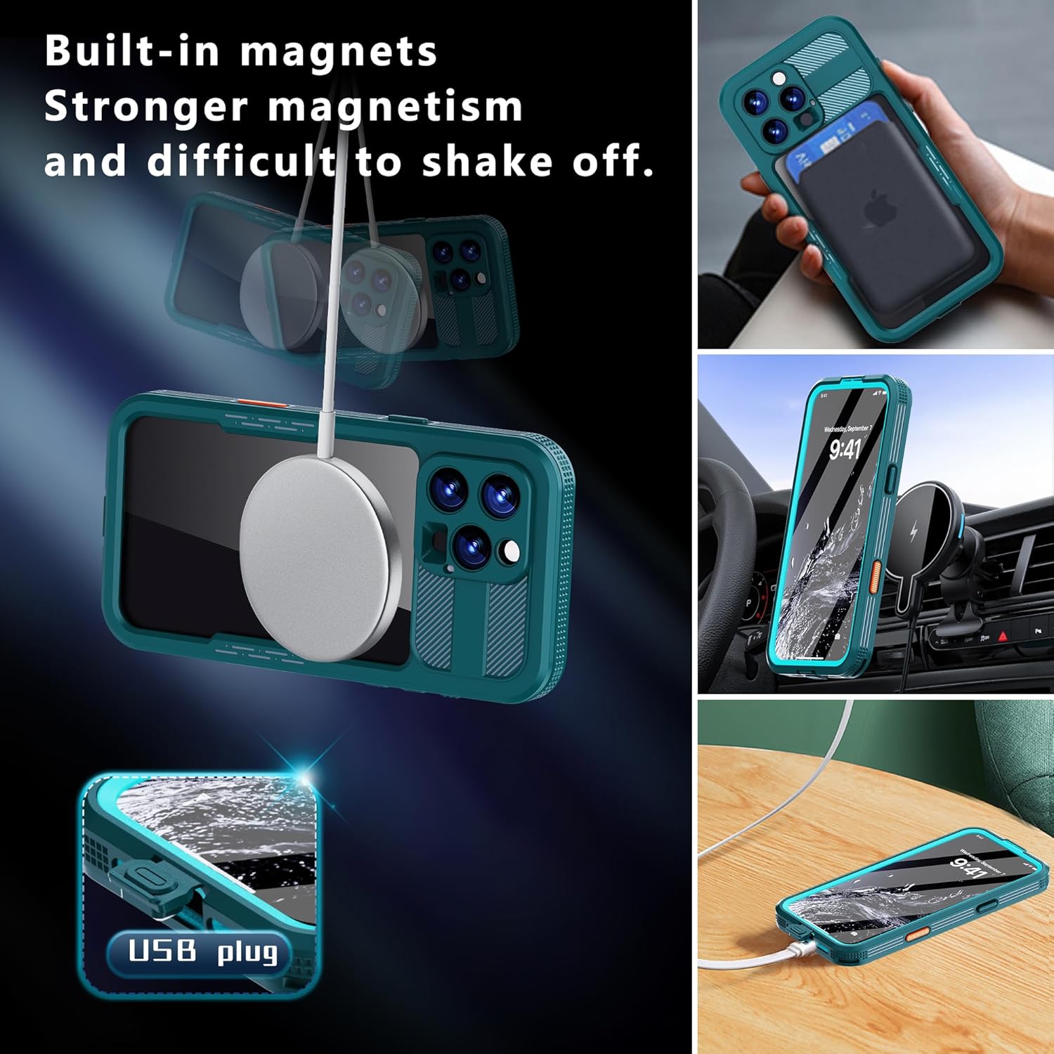 Omio for iPhone 16 Pro Max Waterproof Case Compatible with MagSafe, Magnetic Waterproof Full Body IP68 Underwater Case Built-in Screen Protector Military Grade Shockproof Case for Men Women Teal - Image 4