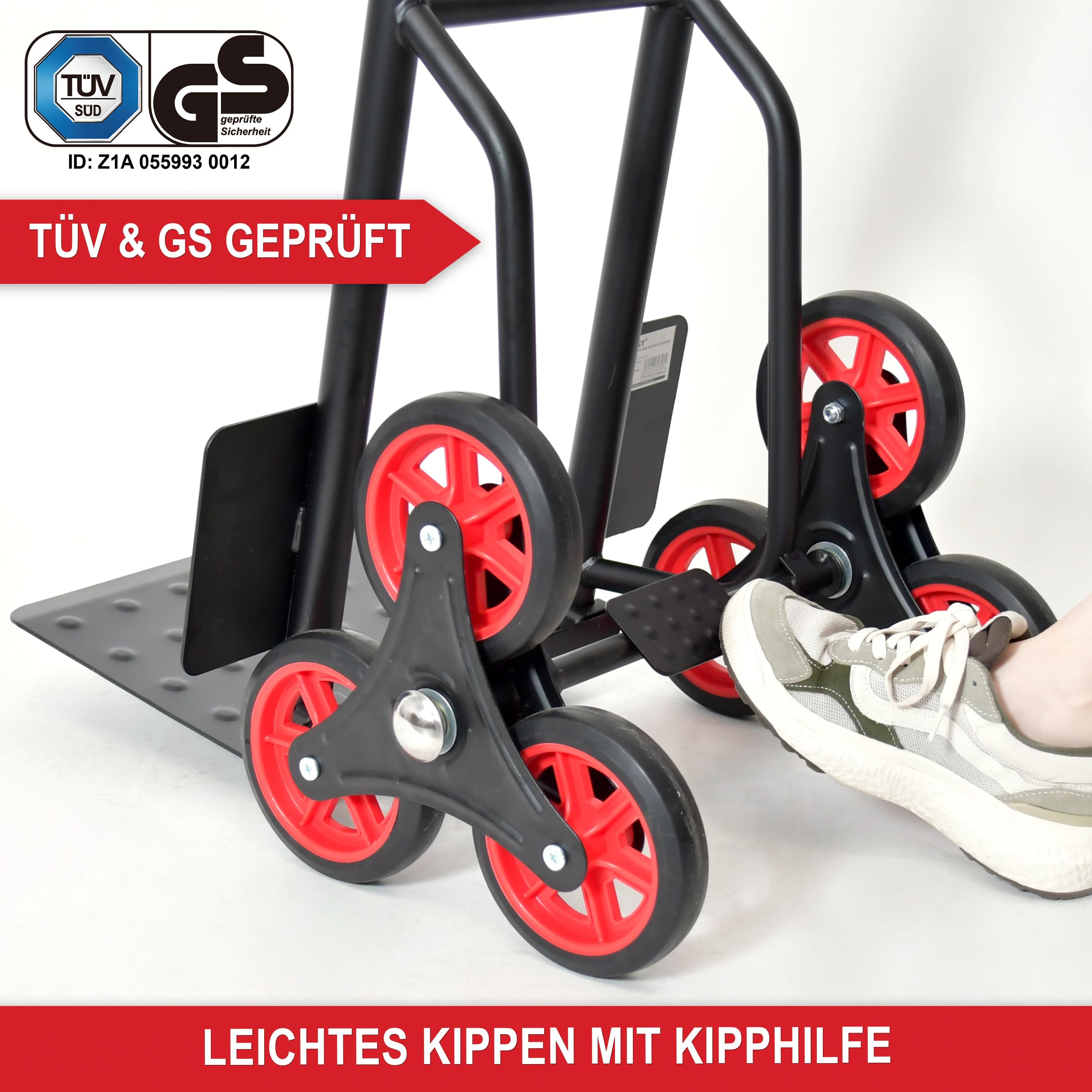 ONBEST Treppensackkarre klappbar 150 kg 3-Fach Reifen | Sackkarre und Treppensteiger mit Stahlrahmen, XL-Schaufel, Hartgummi-Reifen und Handgriffen