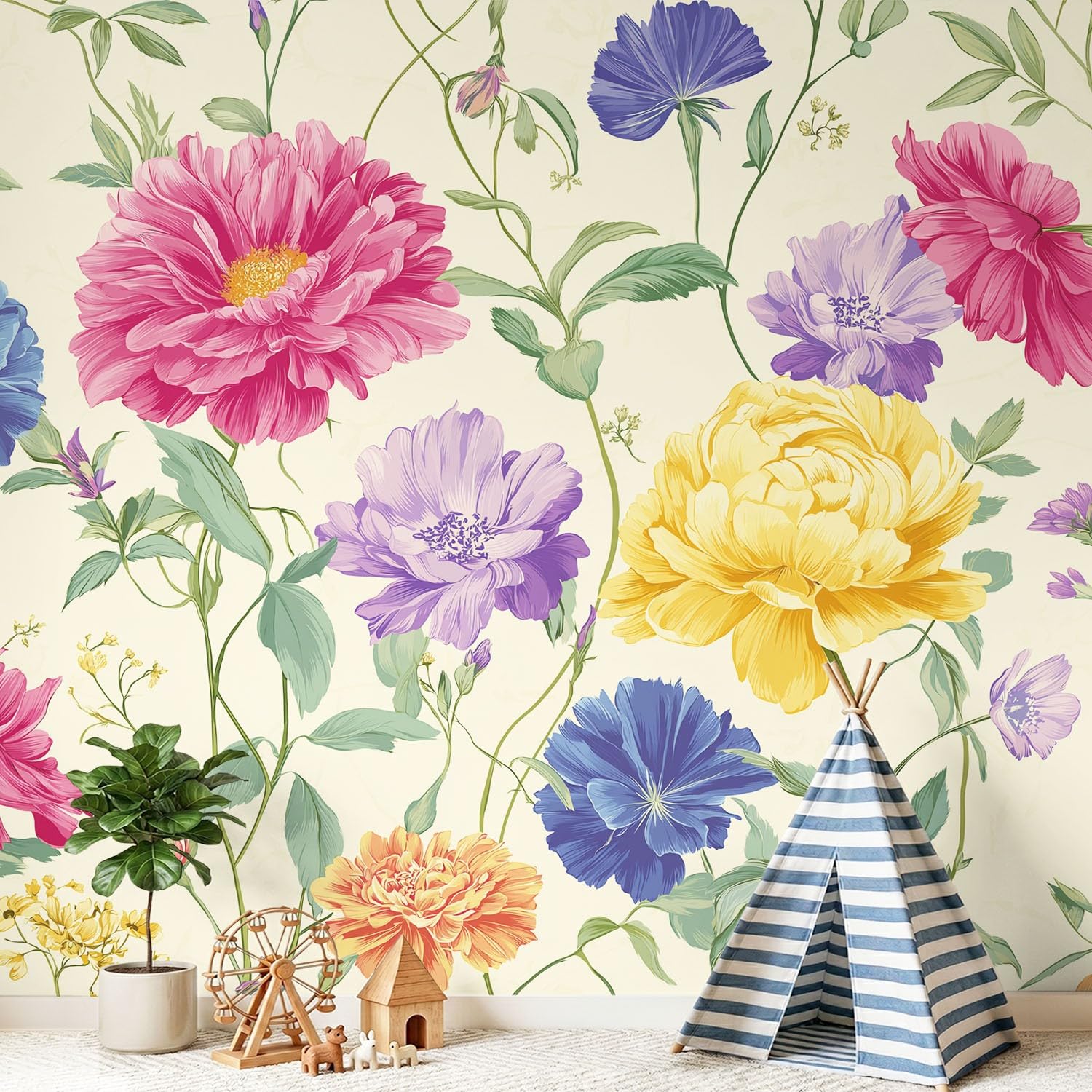Papier peint panoramique plante nature rose beige 300 x 210 cm pour grand poster mural chambre