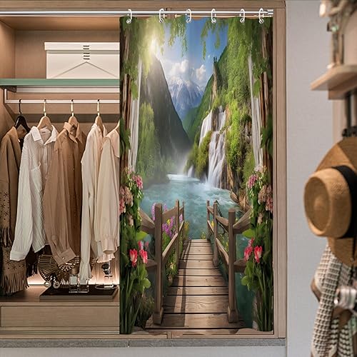 Miniatura 9 de Cortina de ducha verde salvia, planta de montaña, árbol de agua, sol, roca, escalón, naturaleza, juego de decoración de baño, lavable a máquina,