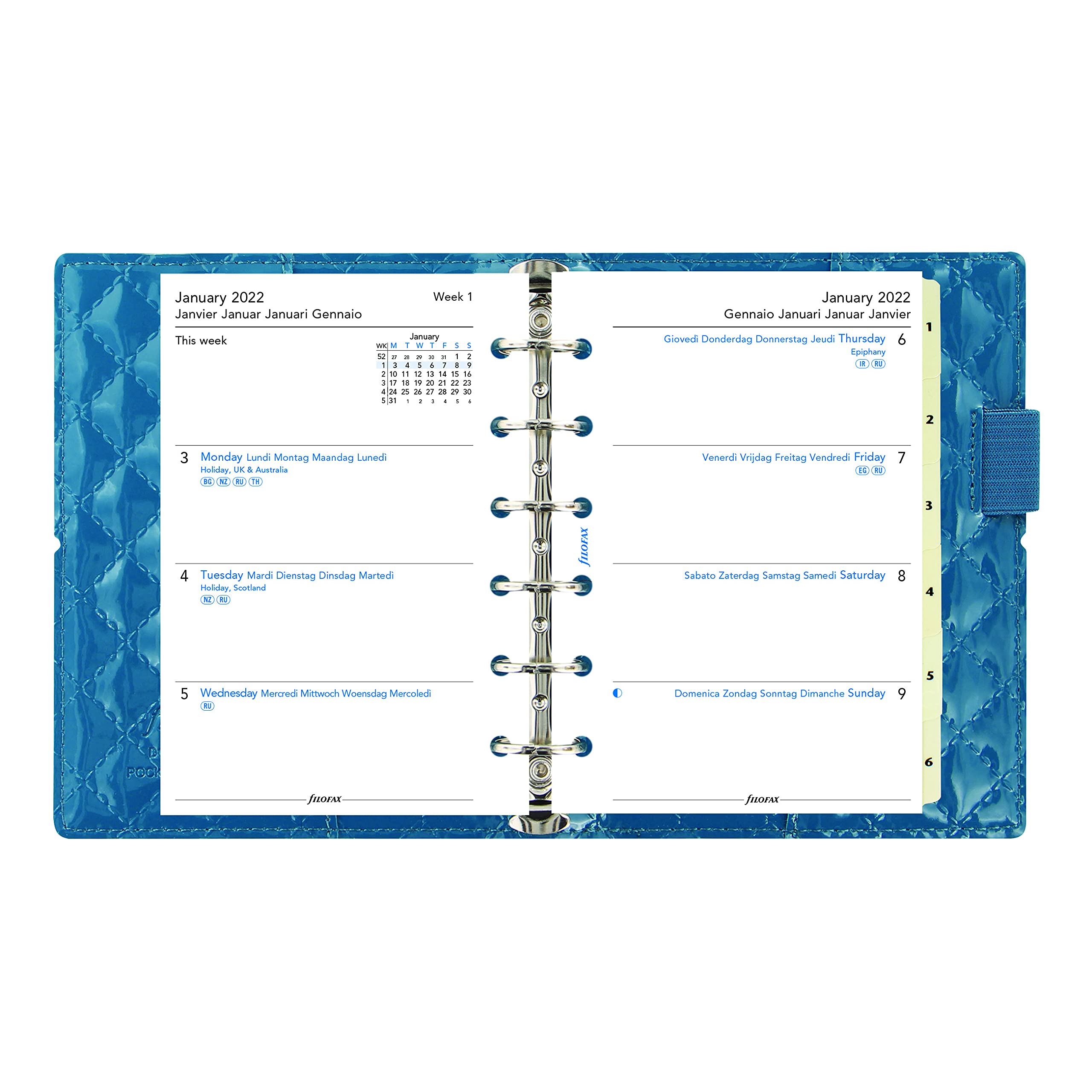 Filofax Domino Luxe Organizer, tascabile, colore foglia di tè – copertina effetto trapuntato, con sei anelli, agenda settimanale multilingue, 2022 (C027993-22)