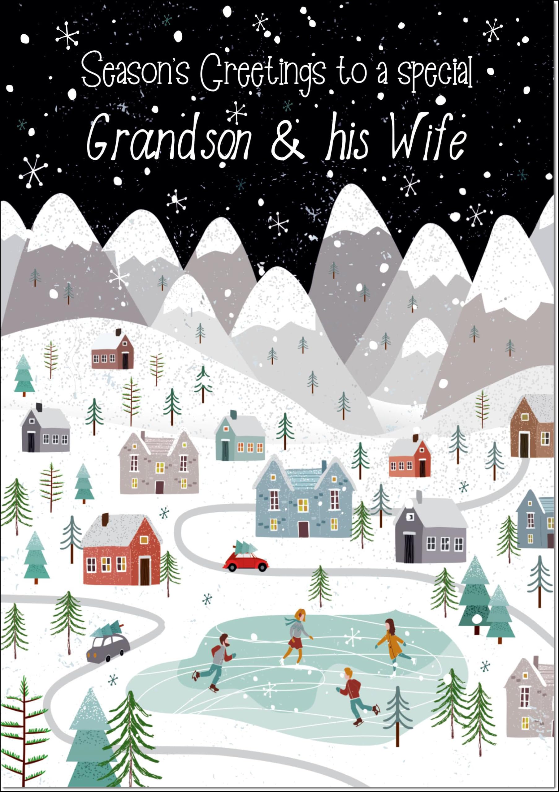 doodlecards Grandson and Wife Christmas Card Mountain Scene In Snowy Village Large A4 Size Christmas Card for Grandson & Wife with Plain Envelope — image 1
