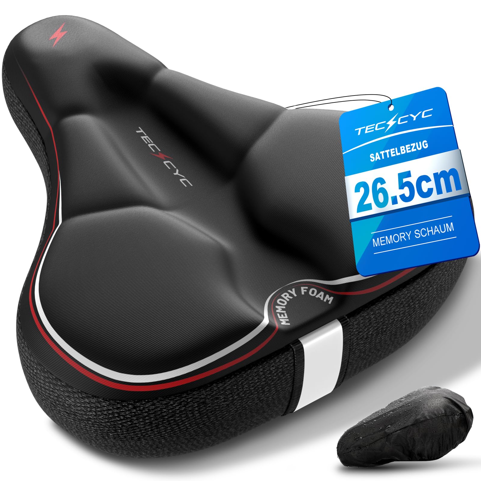 TECHCYC Fahrradsattel Überzug | Doppellagiger Memory Foam | Ergonomischer | Damen & Herren | Reflektierendes Warnstreifendesign | für Heimtrainer, Mountainbike & Citybike