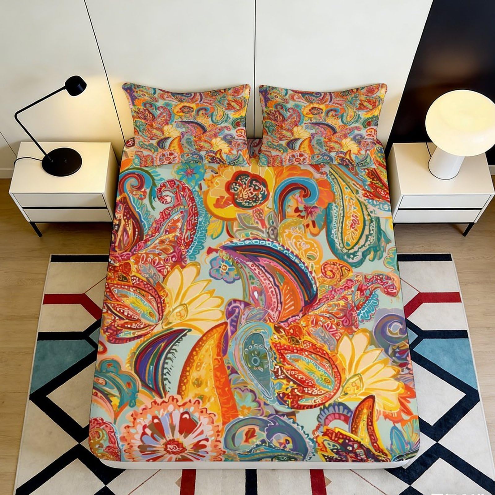 3D Printed Boho Paisley Fitted Sheet Microfiber Soft Vibrant Floral Mattress Cover for Bedroom Guest Room Decor 90x200x25cm