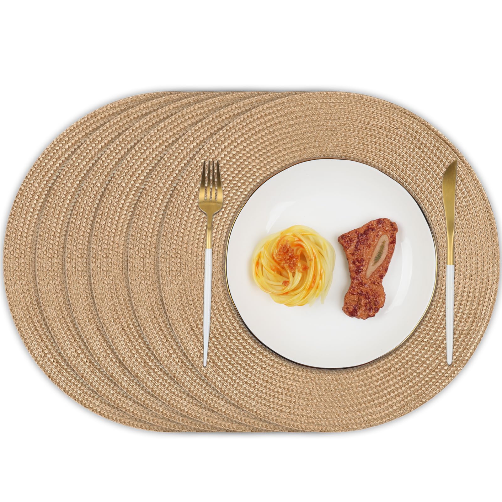 Homcomodar Platzsets Abwaschbar 6er Set Rund Tischsets Abwaschbar Geflochtene Platzset Rund Hitzebeständig rutschfest Stroh Gelb Platzsets für Hause Küche Restaurant（34cm ）