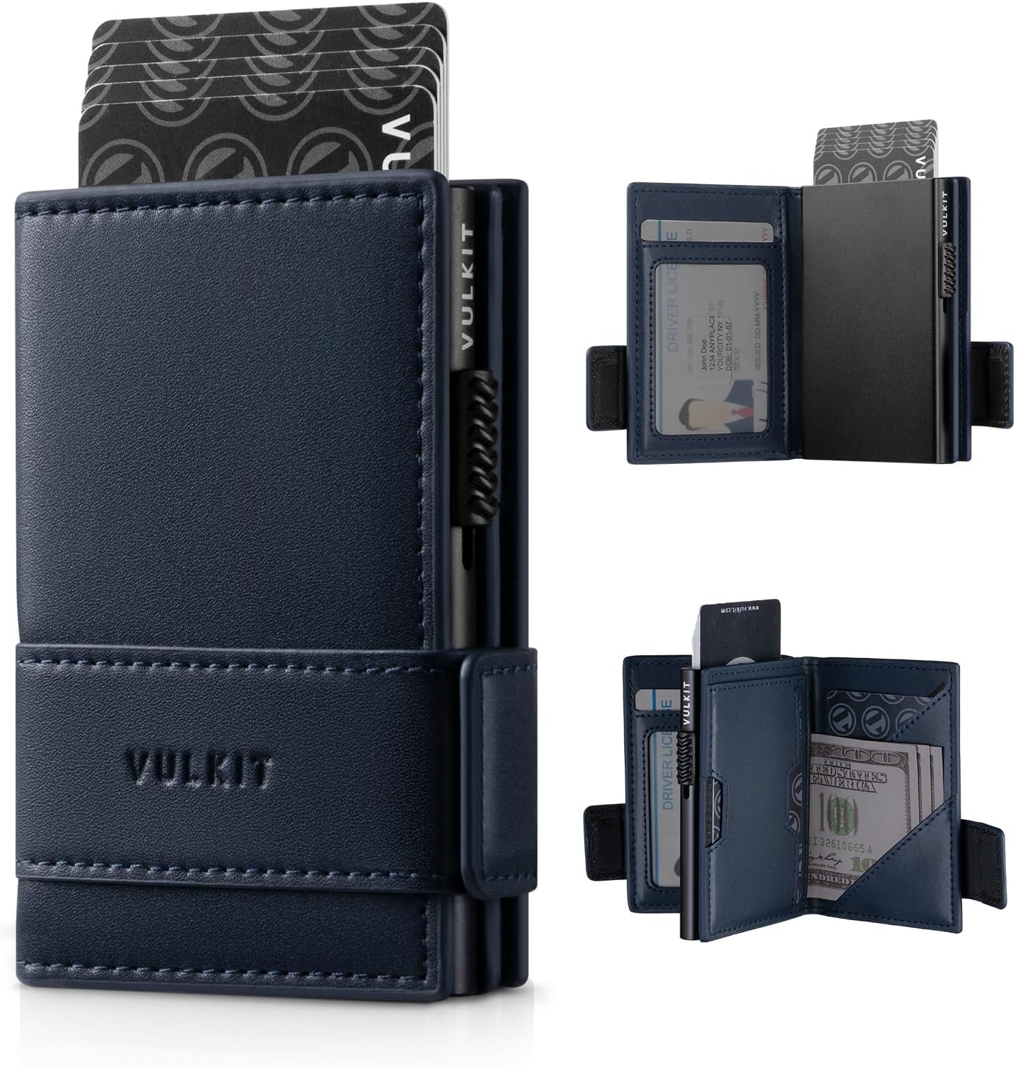Card Holder Bifold Pop Up Leather Wallet for Men RFID Blocking Metal Card Case, Holds 9 Cards and Banknotes Navy