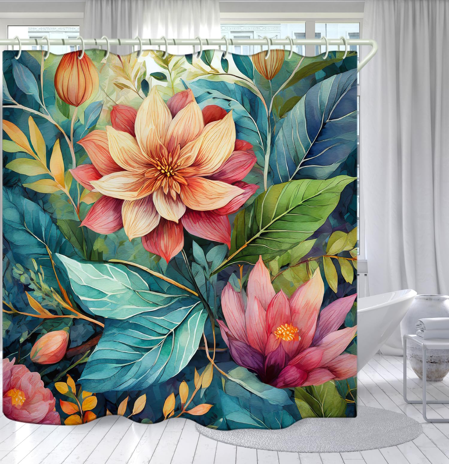 LYFANS Bathroom Shower Curtains Brings a Pleasant Mood to Bathing, with a Unique Artistic Waterproof and Beautiful Flower Leaf Shower Curtain (72x72