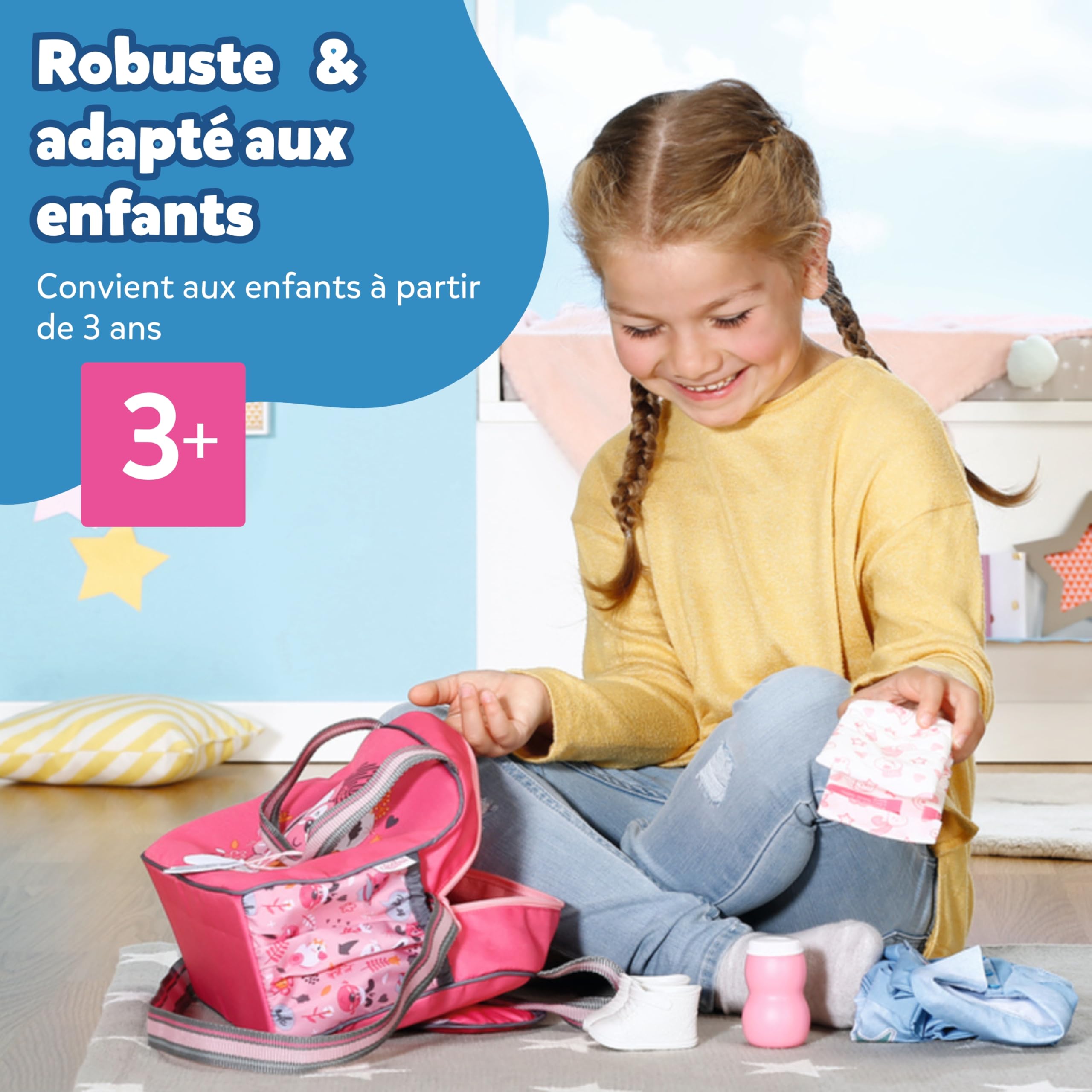BABY born Sac à langer - Sac à langer pour poupée rose/gris - Accessoires de haute qualité pour poupées avec matelas à langer, couches et boîte à poudre - Convient aux enfants à partir de 3 ans
