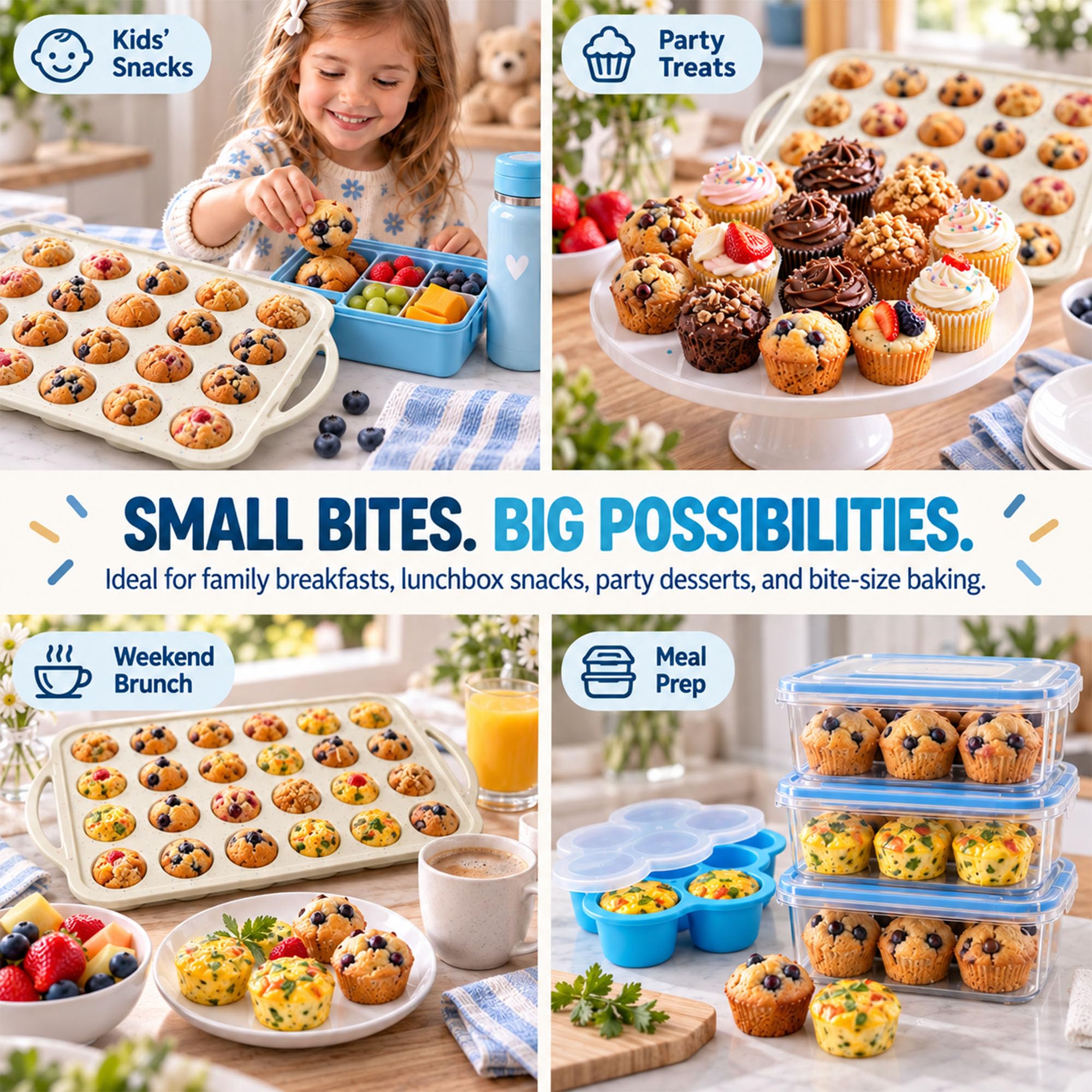 Ensemble de cuisson 6 pièces, moule à mini muffins en silicone avec cadre en acier, moule à bouchées d'œufs avec couvercle, grille de refroidissement en acier inoxydable 304, fouet, spatule et