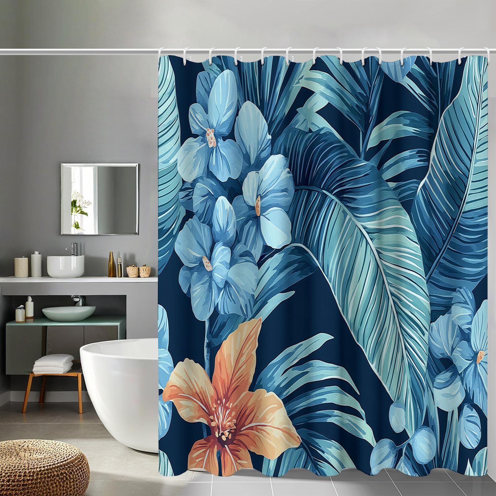 Rideau de douche floral aquarelle avec 12 crochets de baignoire