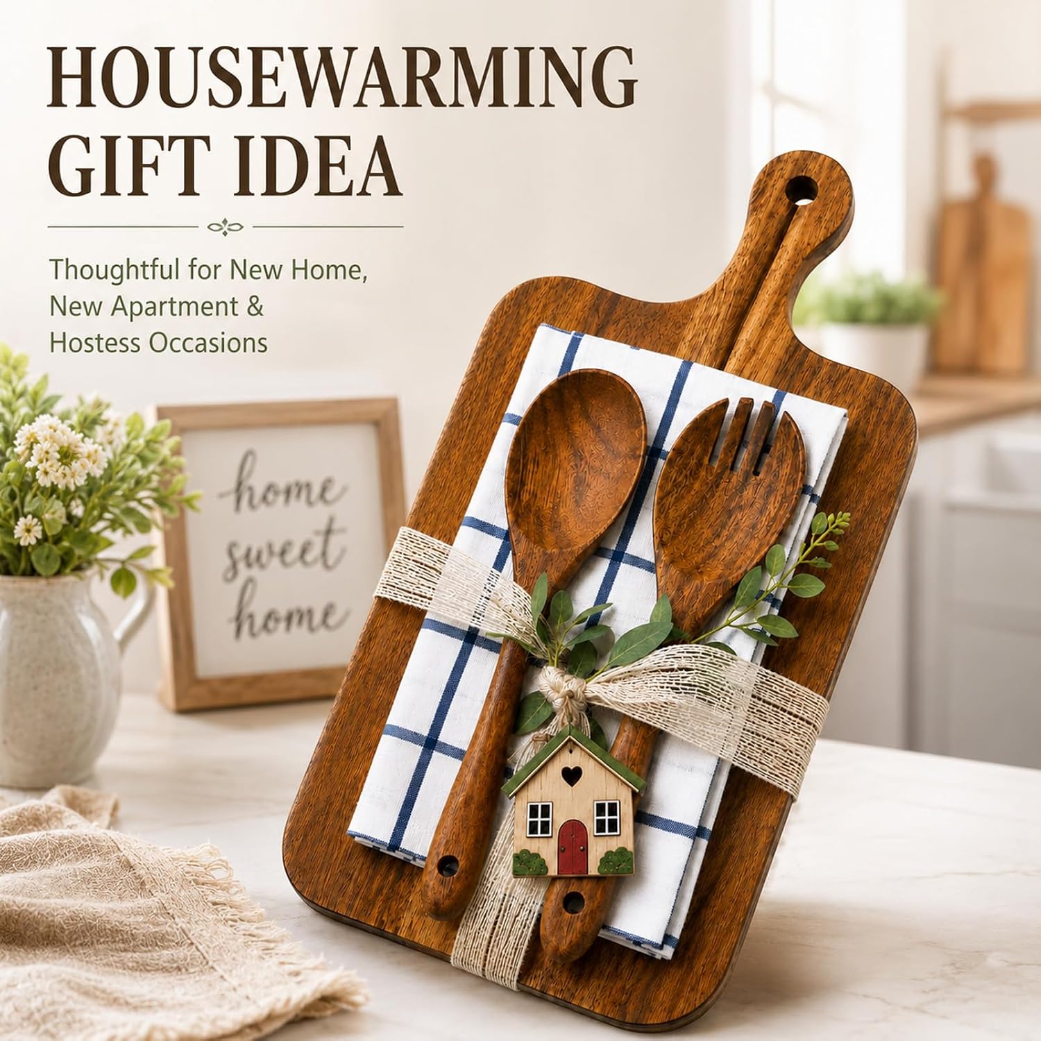 Housewarming Gift Wooden Cutting Board Set with Utensils and Napkin