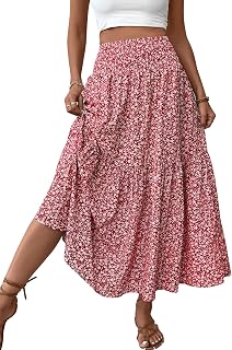 TuoGo Women's Smocked High Waist Floral Maxi Skirt with Pockets - Boho Tiered A-Line Long Skirt, Elastic Waist
