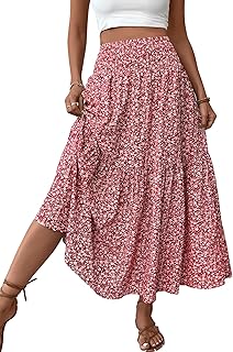 TuoGo Women's Smocked High Waist Maxi Skirt Casual Boho Long Skirts with Pockets