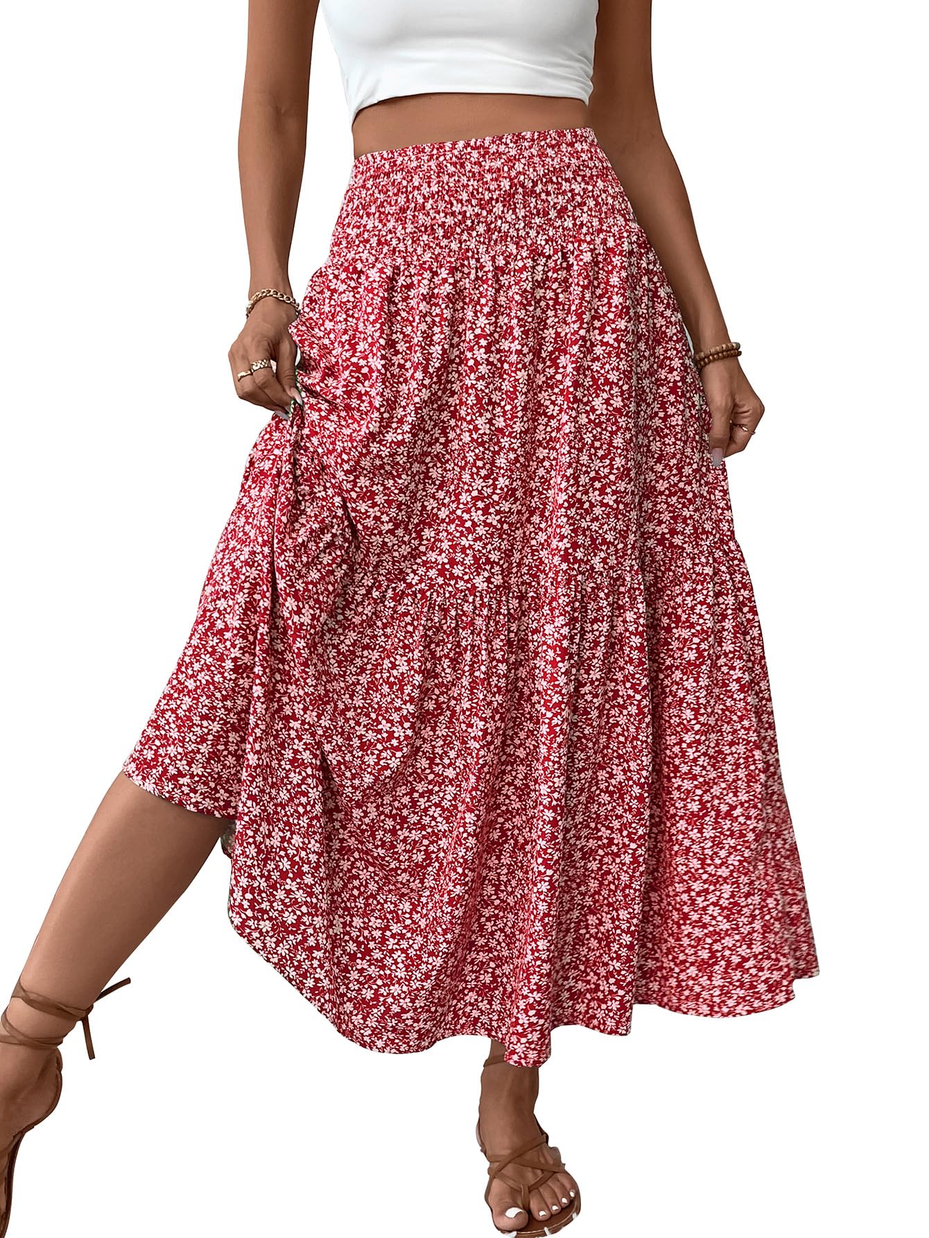 TuoGo Women's Smocked High Waist Maxi Skirt Casual Boho Long Skirts with Pockets
