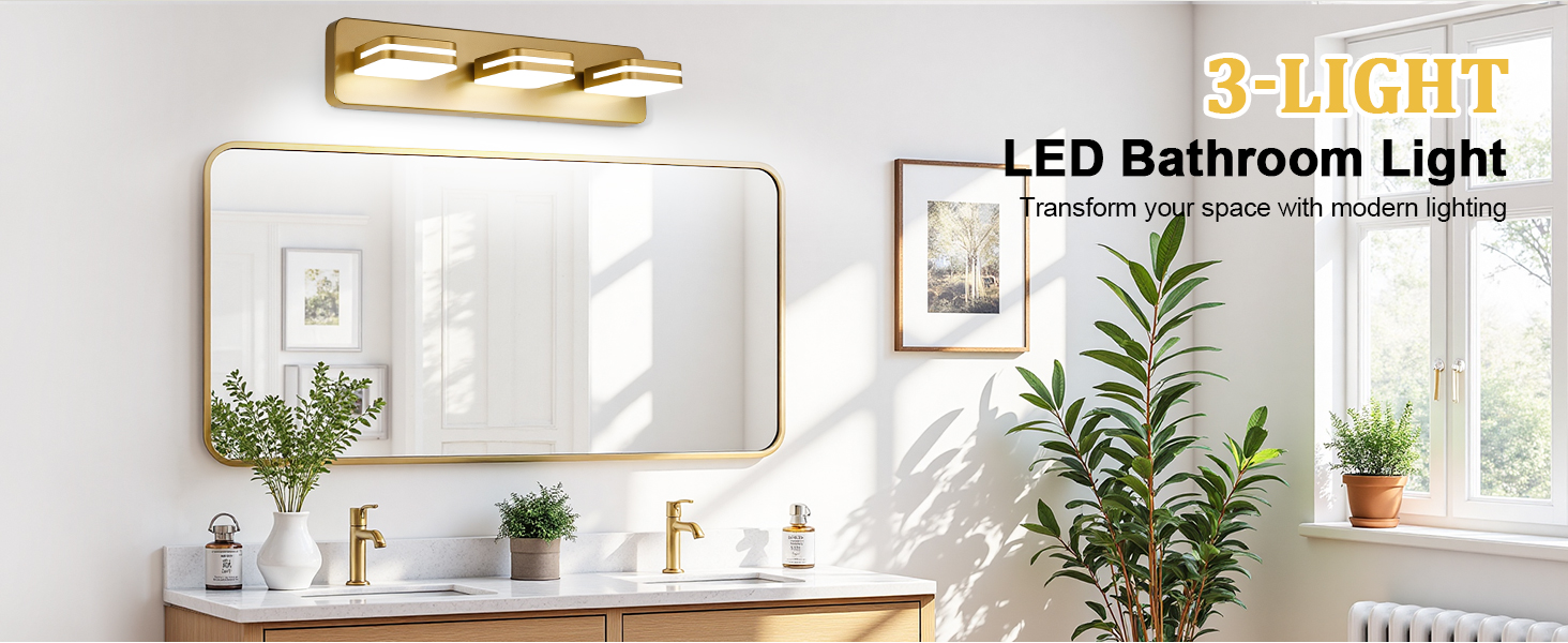 Image of Torondo 360 Rotate LED Bathroom Vanity Light Fixtures, Acrylic Vanity Lights for Bathroom, Modern Wall Lighting Fixtures Over Mirror Living, Gold, Natural White, 3-Light, 17-Inch