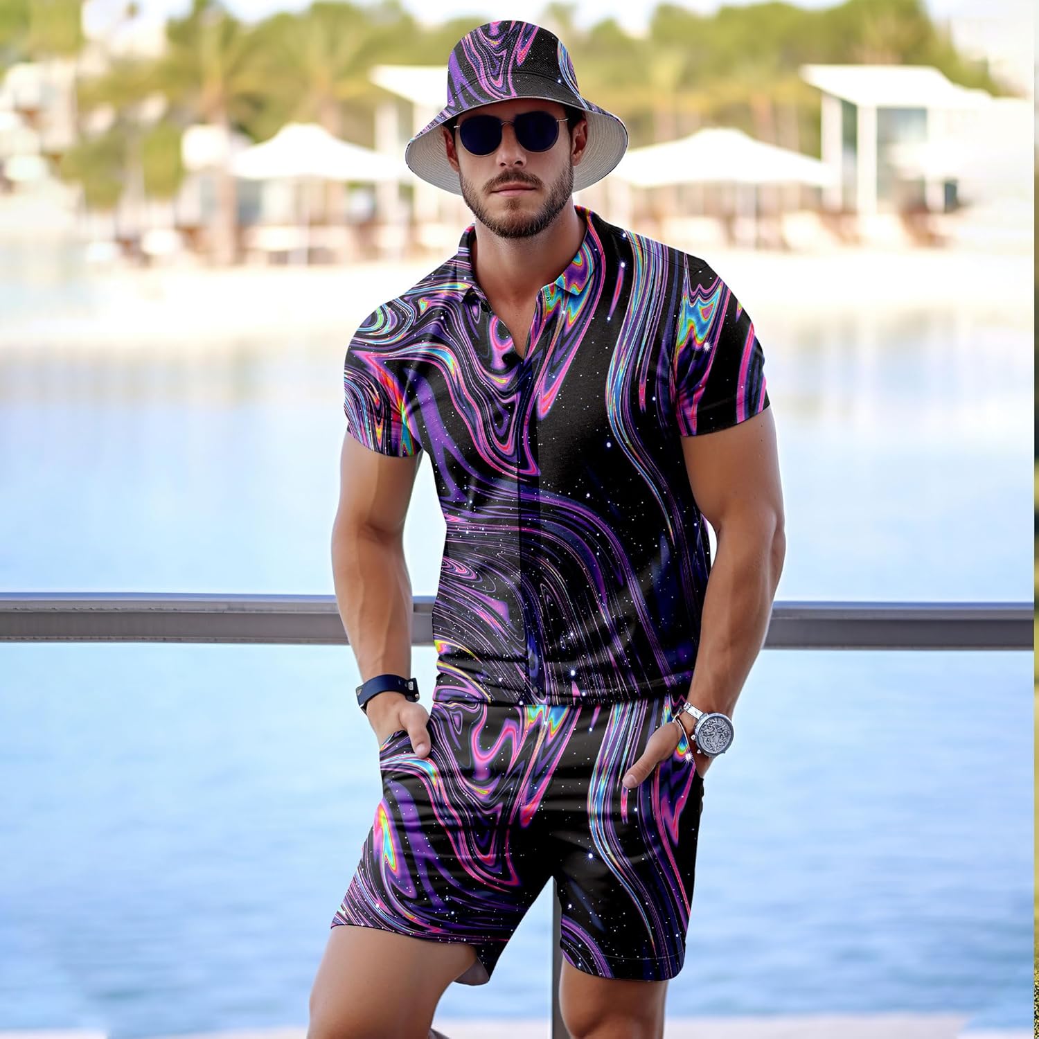 Men's 2 Piece Tracksuit 80s 90s Outfit Button Down 80s Shirts and Shorts Sets with Bucket Hats - Image 4