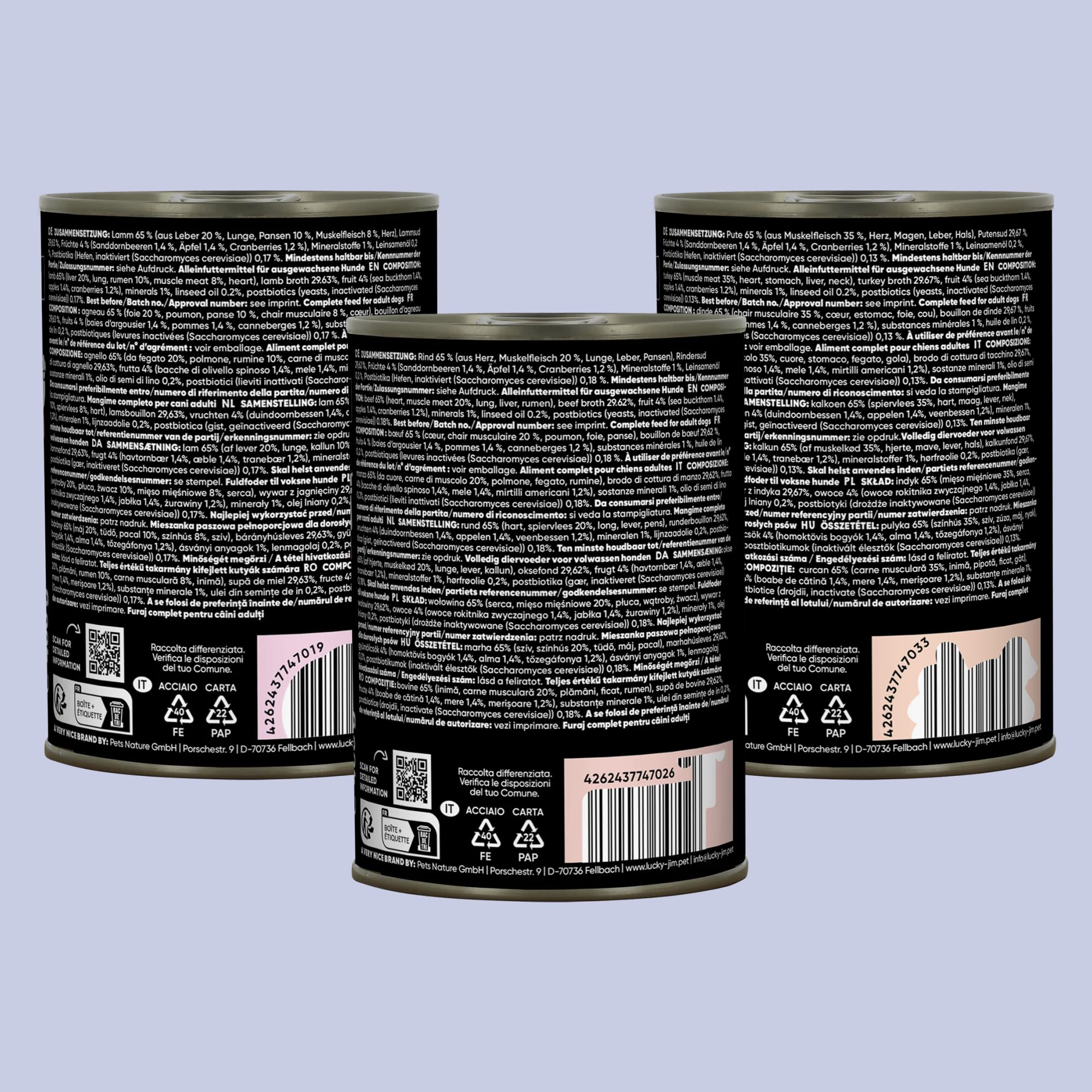 LUCKY JIM Mono Lamm, Rind & Pute Hundefutter nass - 18 x 400g Dosen - Monoprotein Nassfutter für Hunde getreidefrei, ohne Zuckerzusatz, mit Postbiotika & Superfoods, Made in Germany