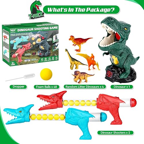Miniatura 6 de Juego de disparos de dinosaurios para niños, juguete de dinosaurio movible con 2 bombas de aire y juegos de disparos de dinosaurios con bolas de