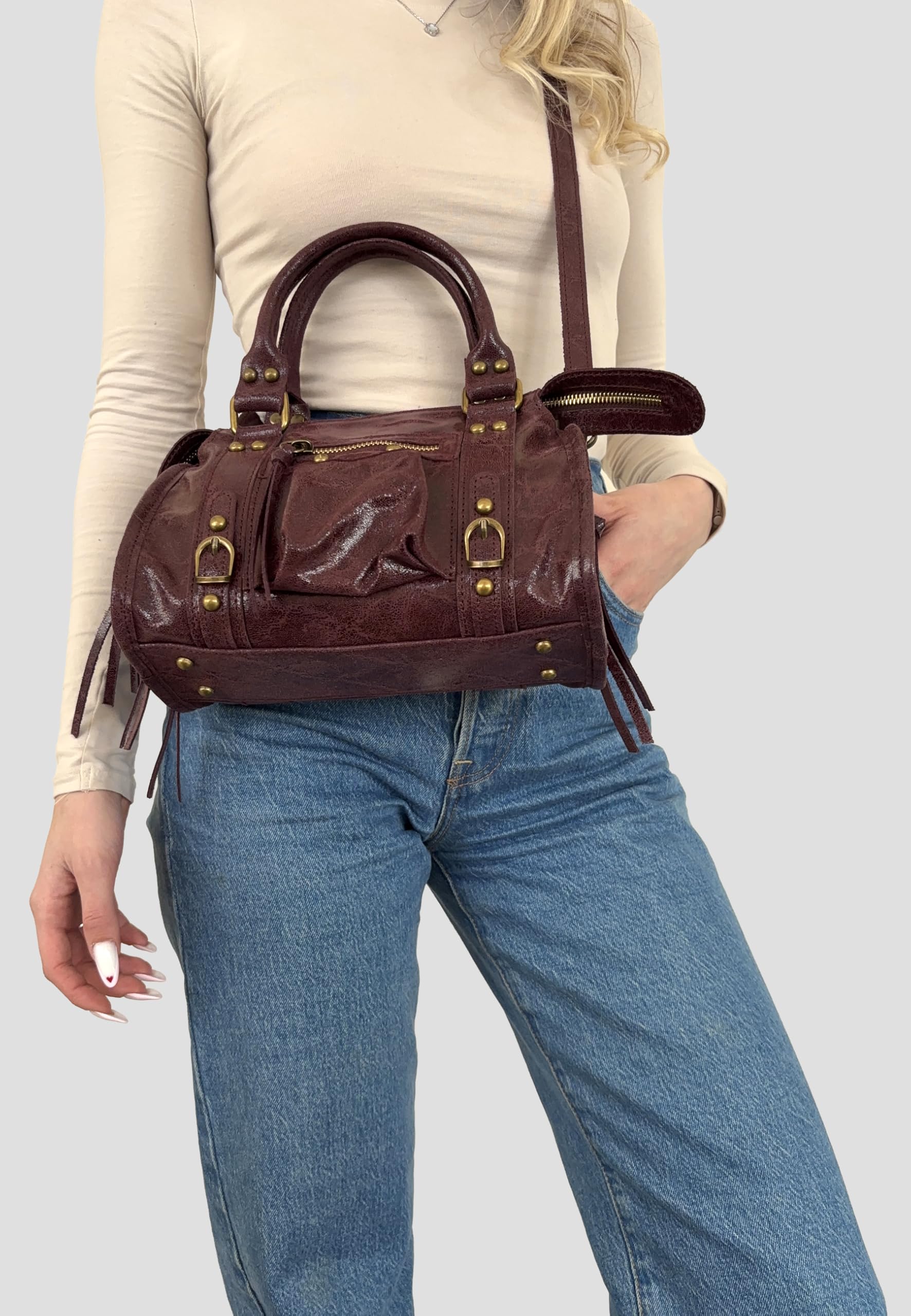Borsa a Mano Alla Moda Piccola con Tracolla da Donna in Pelle Spatolata con Borchie