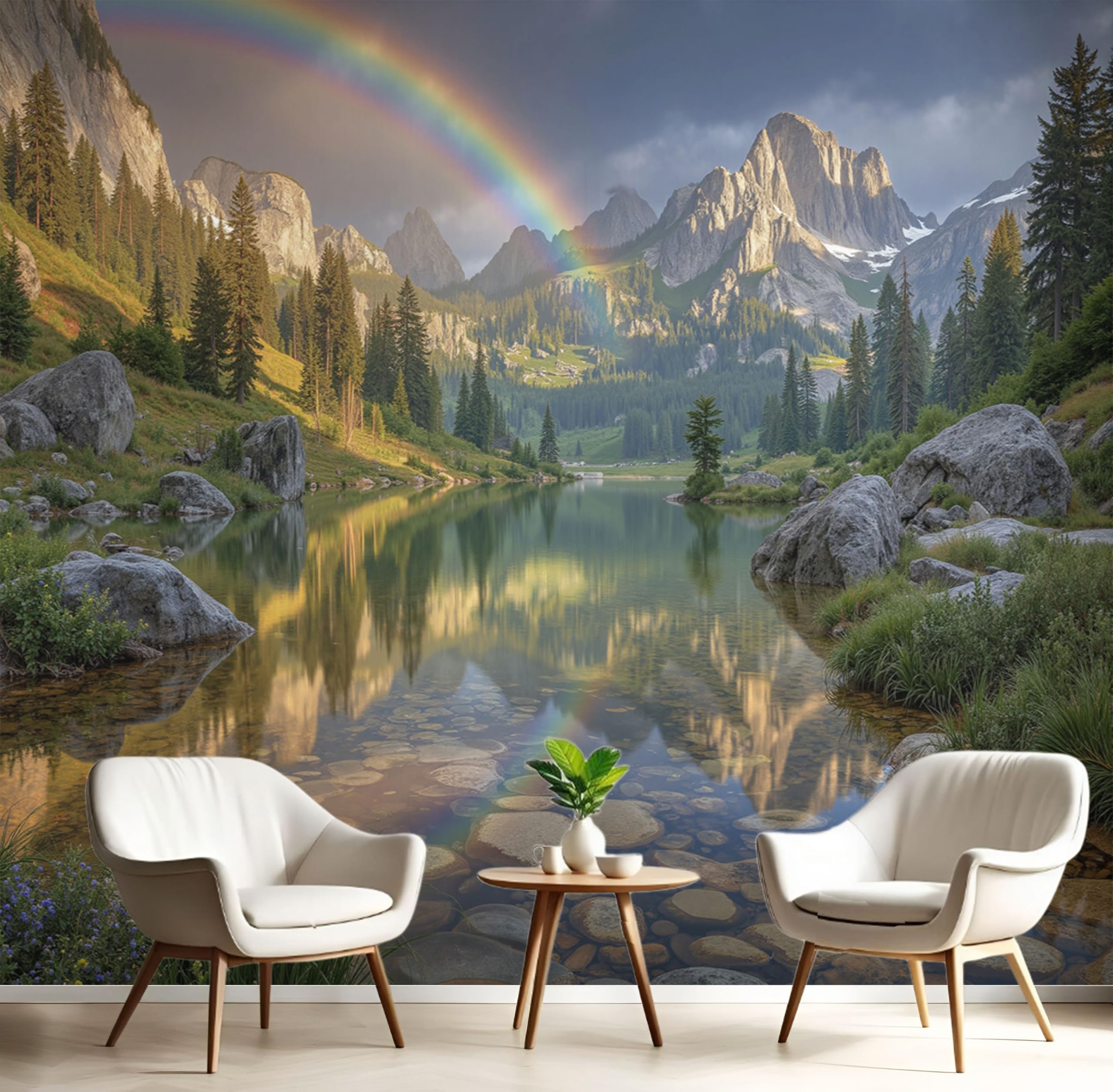 Papier peint vert émeraude paysage forestier pour un salon cocooning et relaxant